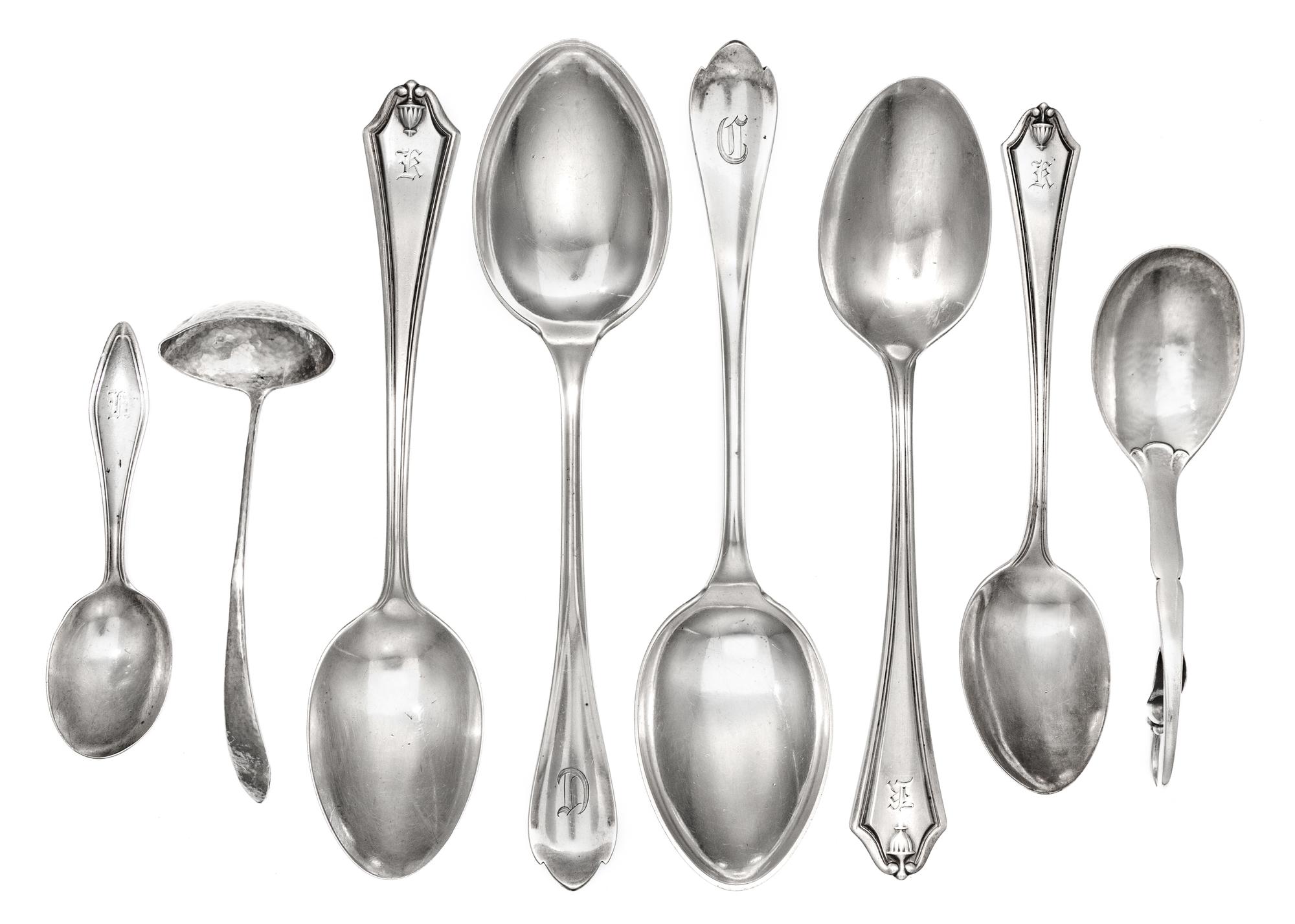 A Group Silver Flatware Articles, various makers, comprising a Danish silver pattern 21 sugar scoop marked for Georg Jensen Silversmith