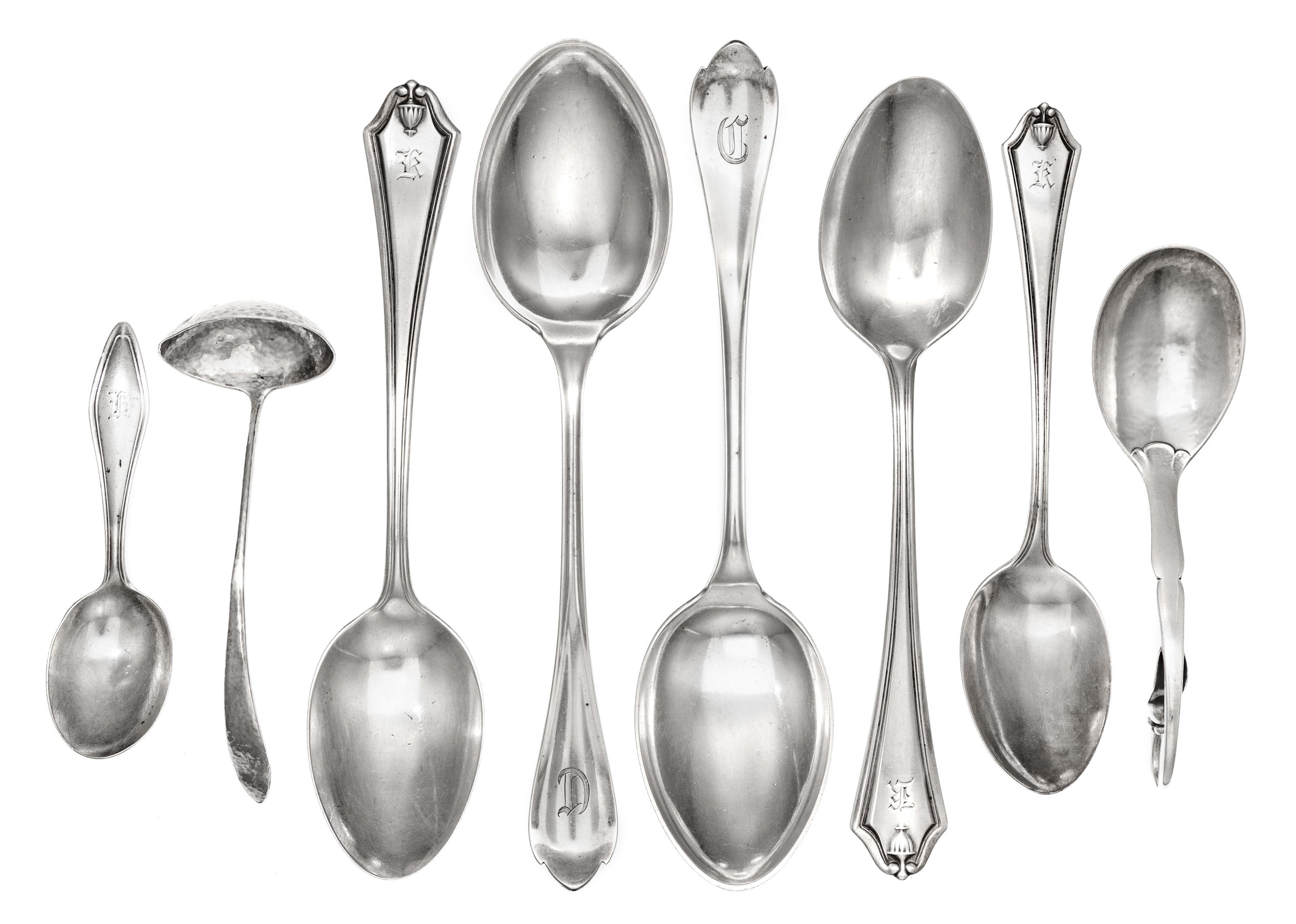 A Group Silver Flatware Articles, various makers, comprising a Danish silver pattern 21 sugar scoop marked for Georg Jensen Silversmith