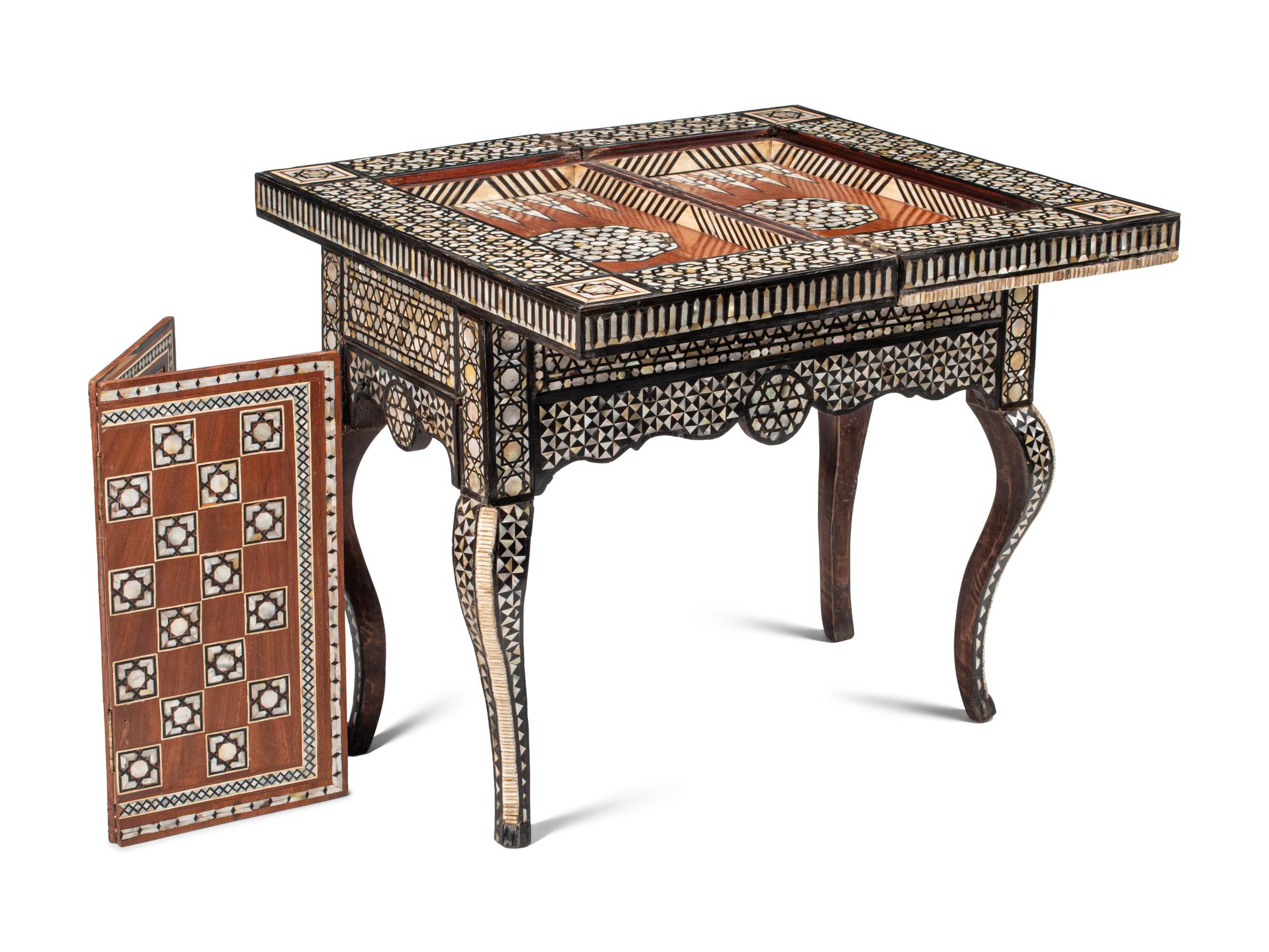 A Levantine Marquetry and Mother-of-Pearl Inlaid Flip-Top Swivel-Action Game Table