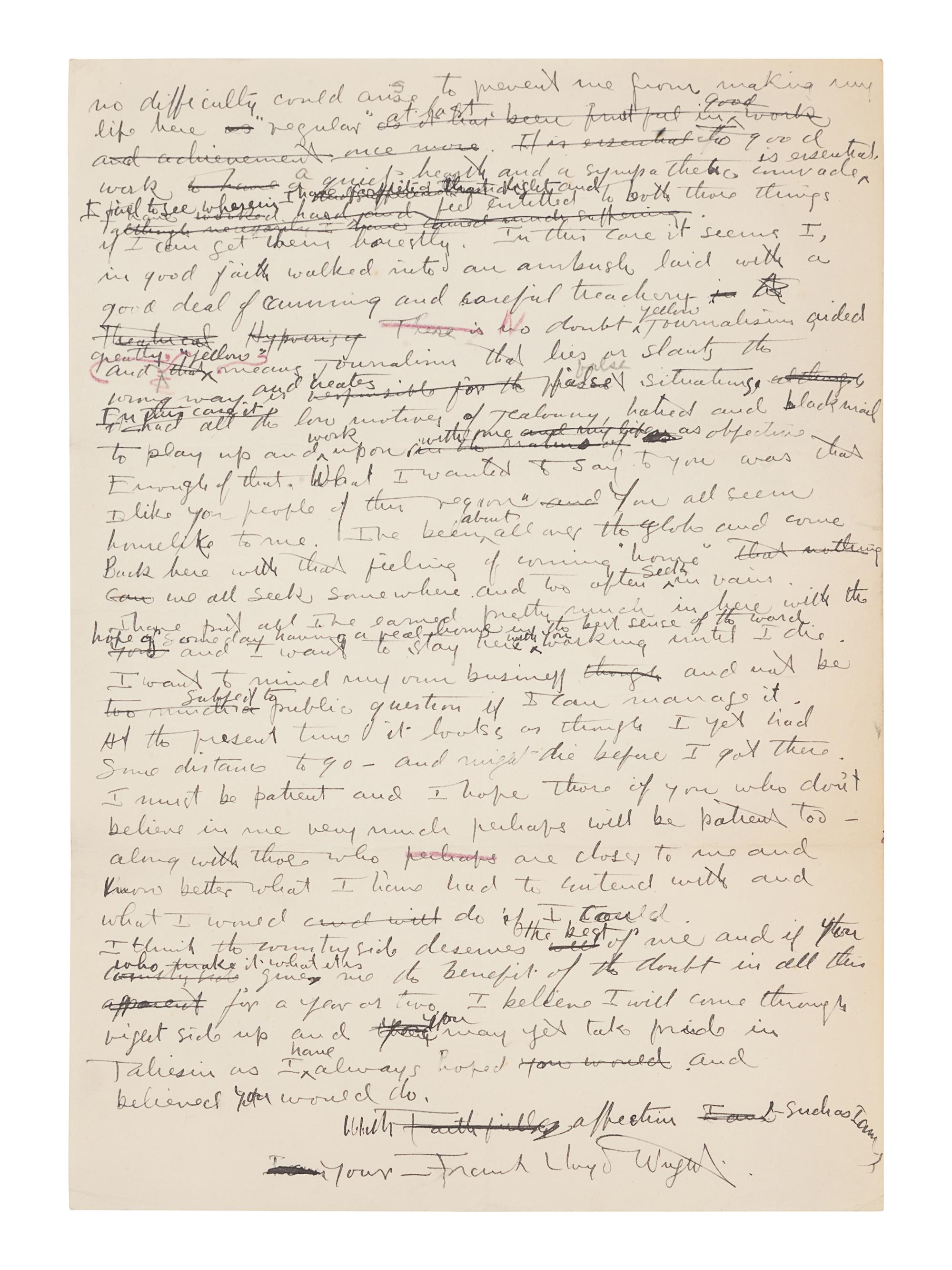 WRIGHT, Frank Lloyd (1867-1959). Autograph manuscript signed ("Frank Lloyd Wright"), entitled "To the Countryside," numerous holograph emendations and corrections in ink, several in pencil or purple pencil. N.p. [Taliesin?], [June 1926]. 2 pages, 4to, creased.