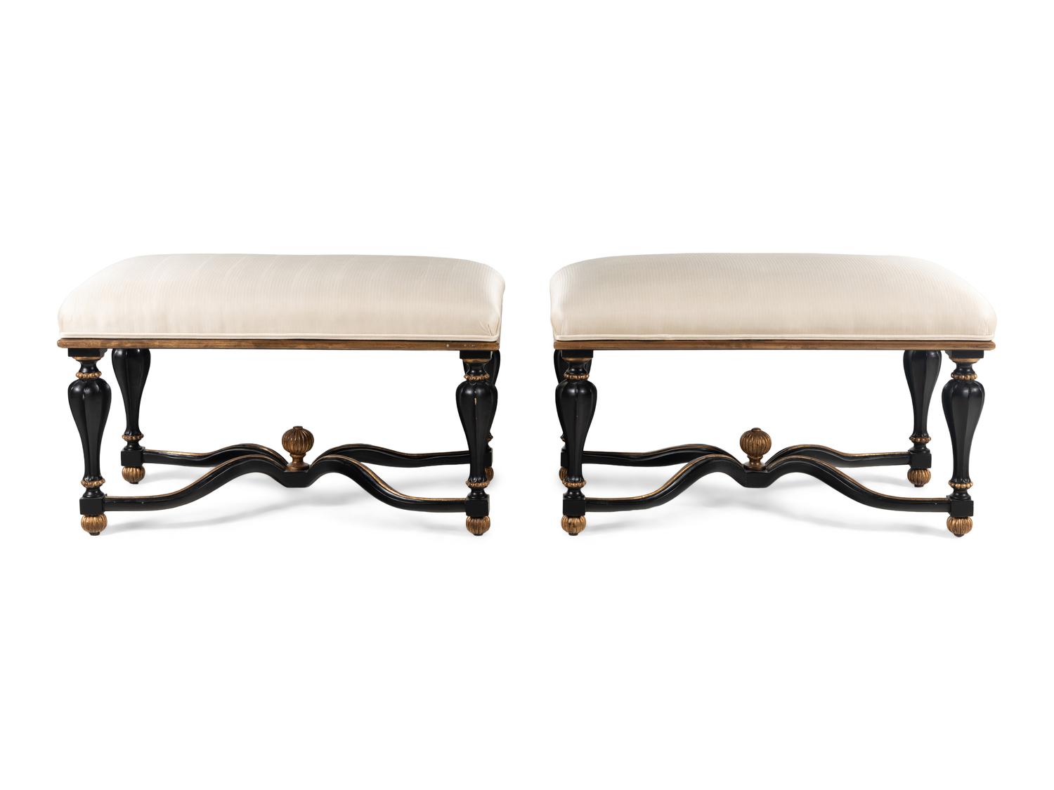A Pair of Painted and Upholstered Benches