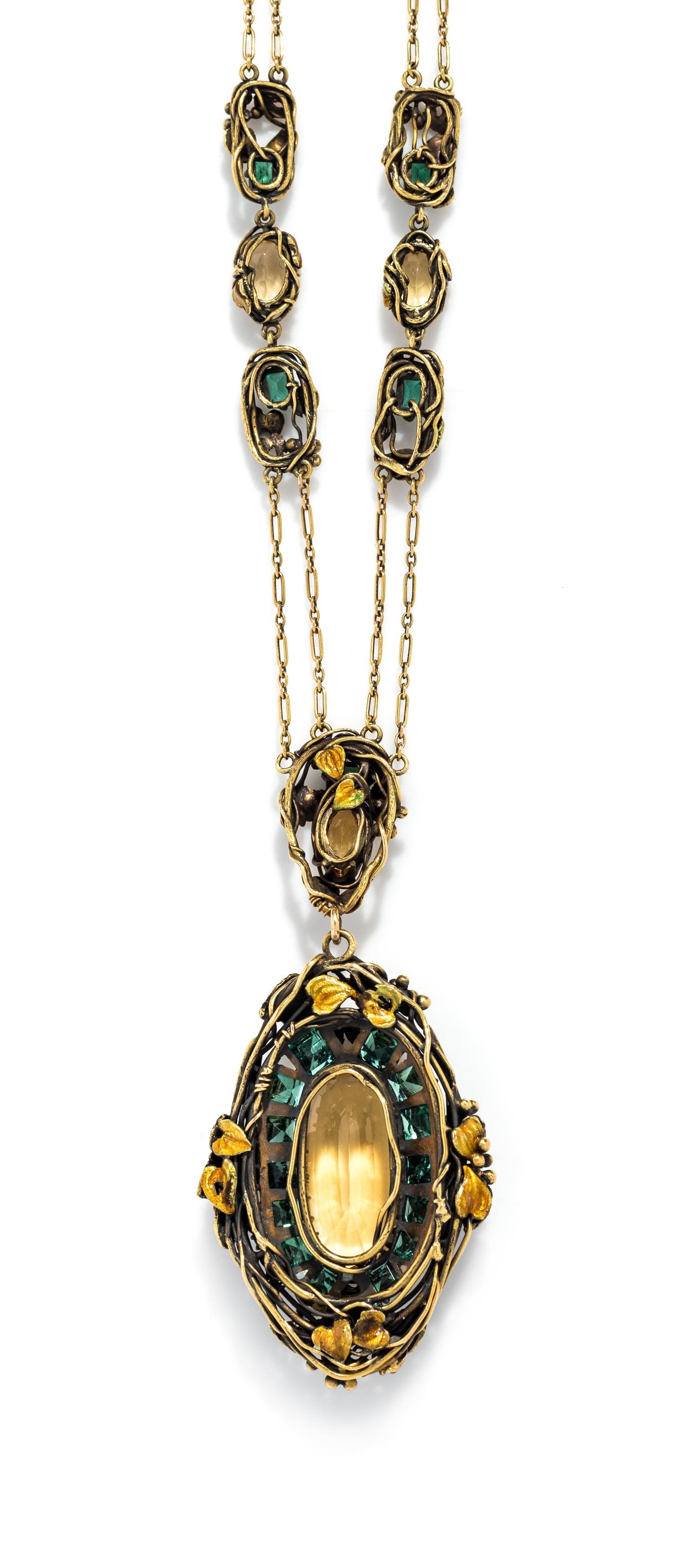 TIFFANY & CO., LOUIS COMFORT TIFFANY, ART NOUVEAU, TOPAZ, EMERALD AND POLYCHROME ENAMEL NECKLACE