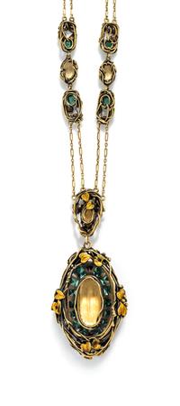 TIFFANY & CO., LOUIS COMFORT TIFFANY, ART NOUVEAU, TOPAZ, EMERALD AND POLYCHROME ENAMEL NECKLACE