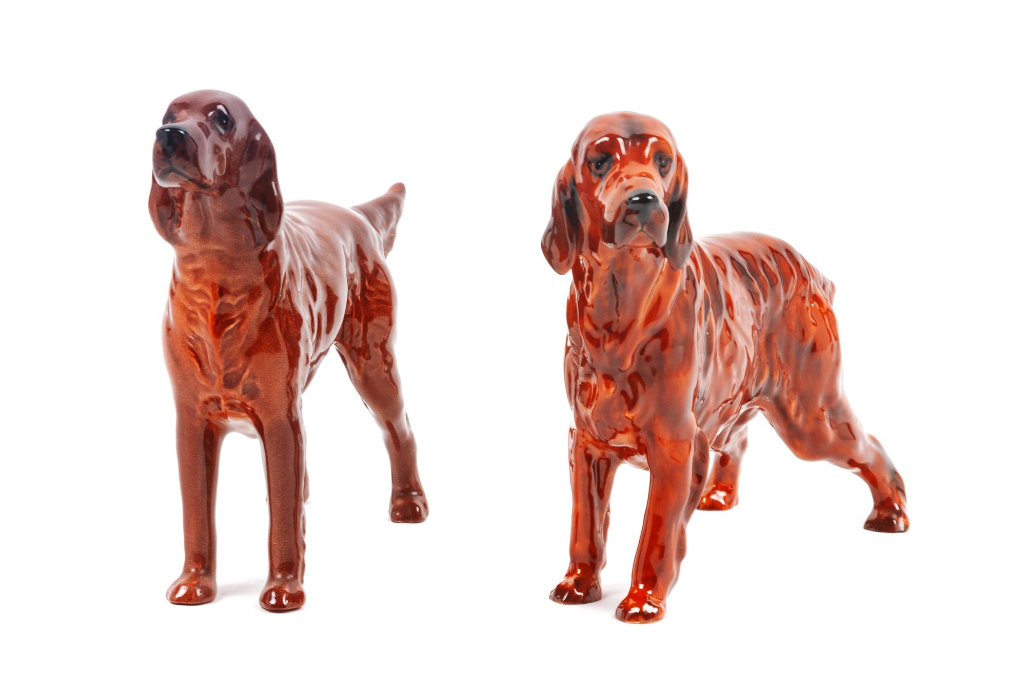 Two Porcelain Irish Setter Figures Width of wider 8 1/2 inches.