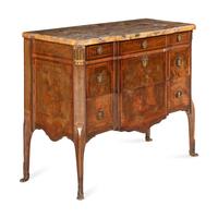 A Louis XV/XVI Transitional Style Gilt Bronze Mounted Marquetry and Marble-Top Commode