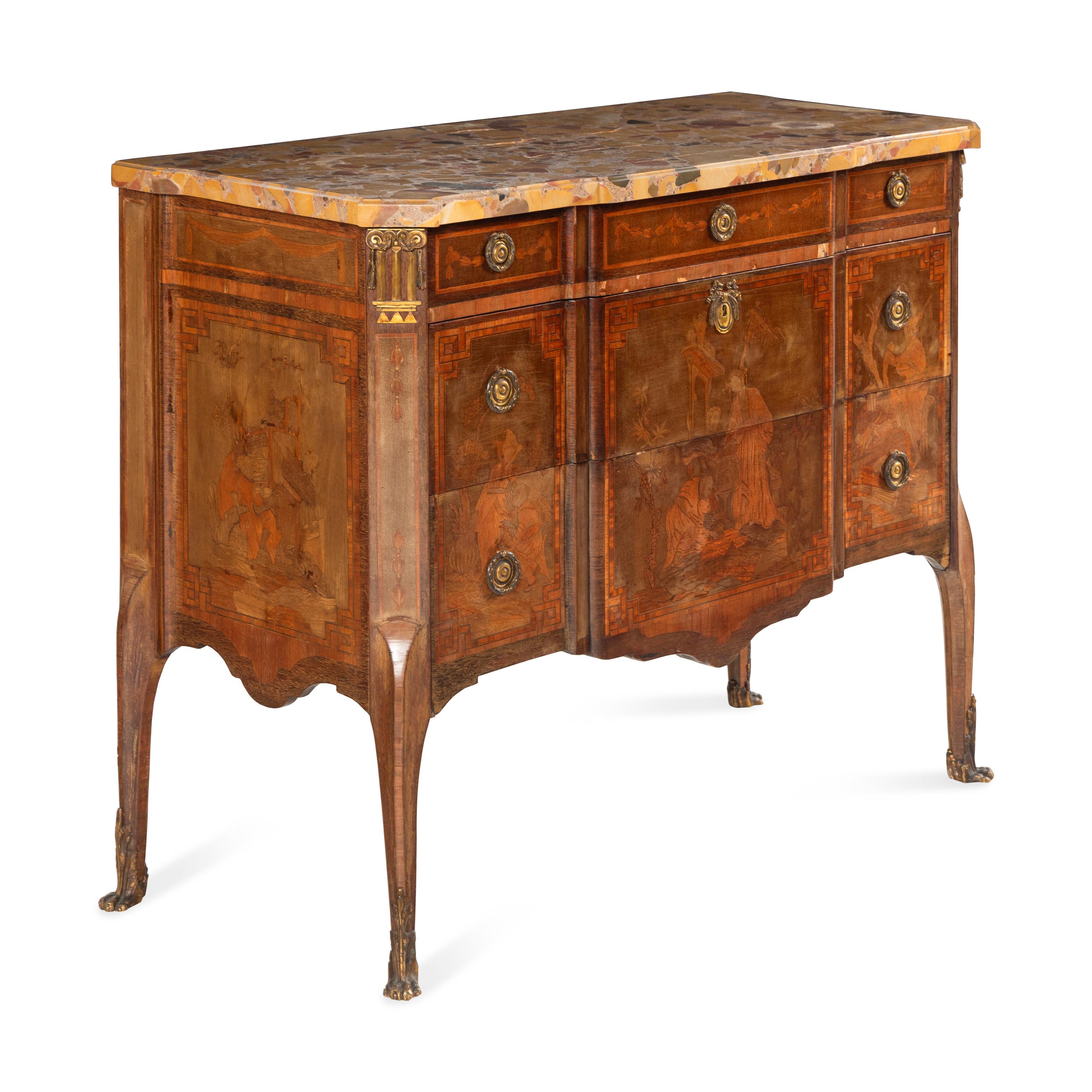 A Louis XV/XVI Transitional Style Gilt Bronze Mounted Marquetry and Marble-Top Commode