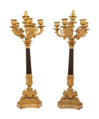 A Pair of Neoclassical Gilt and Patinated Bronze Six-Light Candelabra