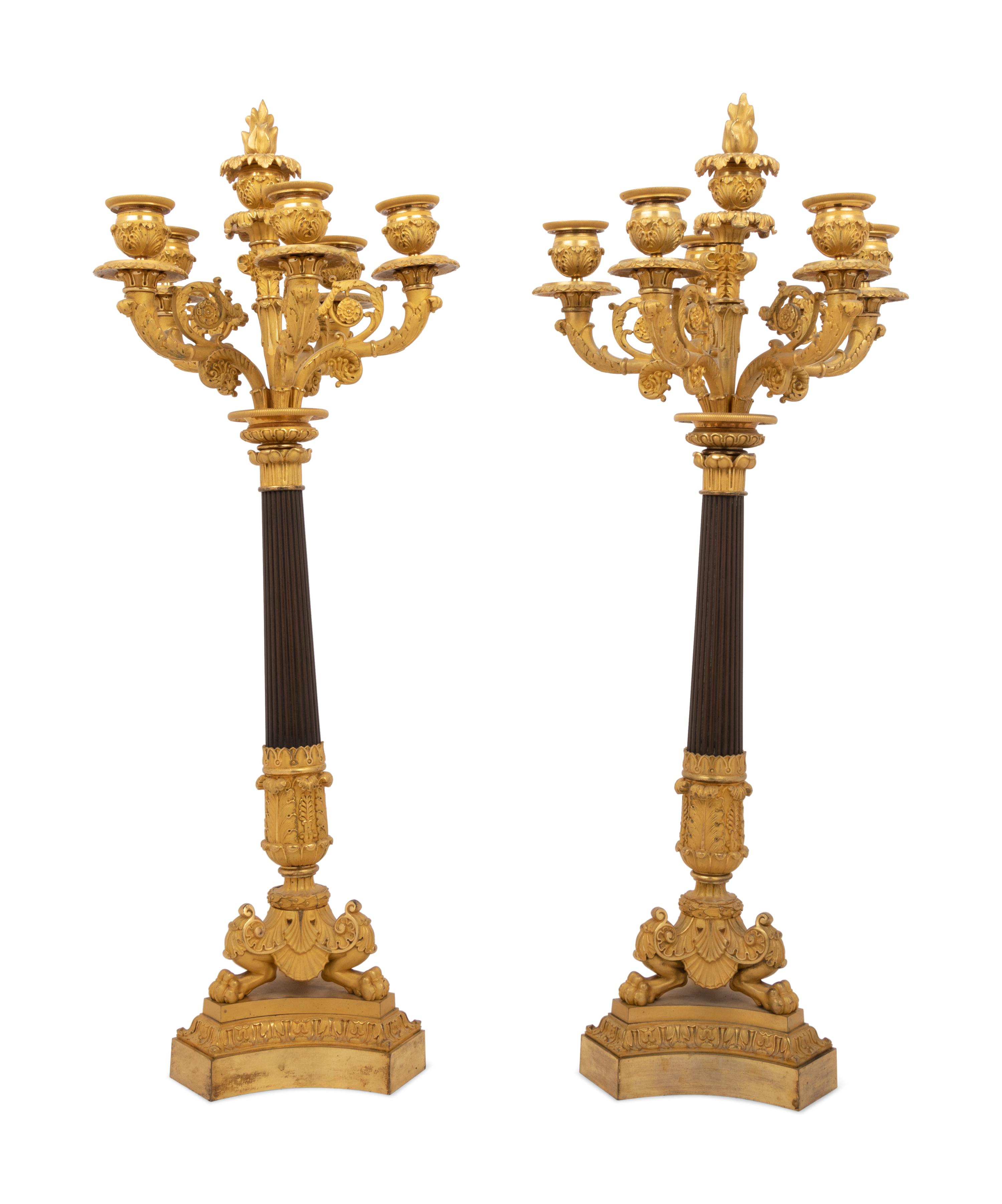 A Pair of Neoclassical Gilt and Patinated Bronze Six-Light Candelabra