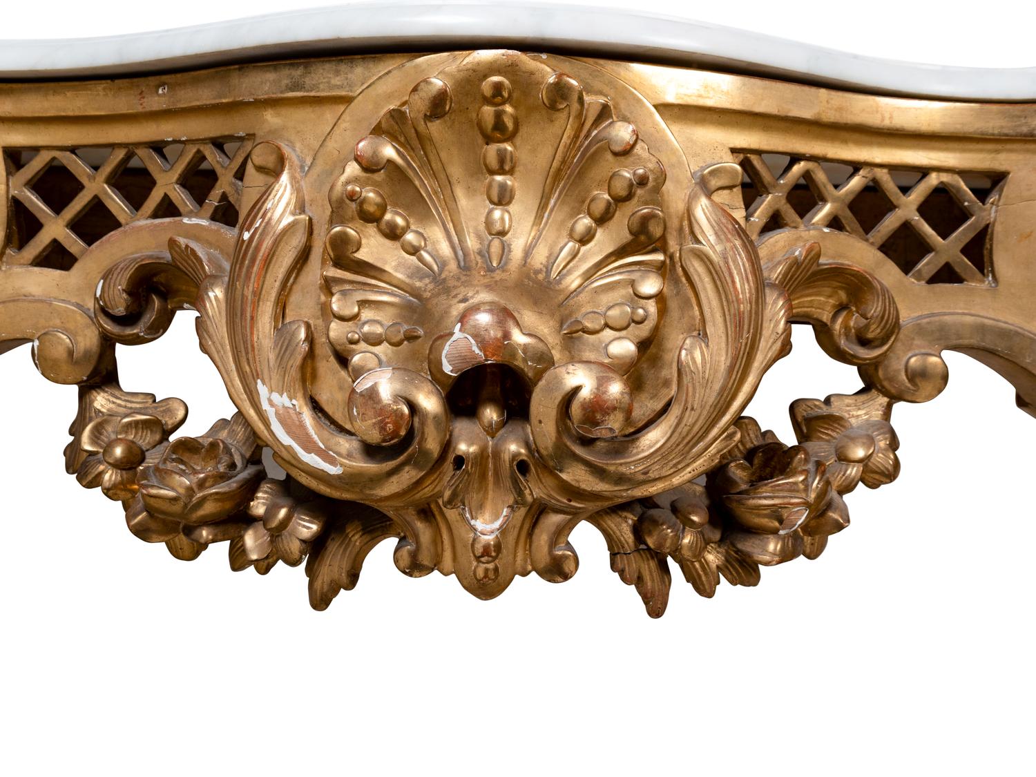 A Pair of Louis XV Style Giltwood Marble Top Wall-Mounted Console Tables