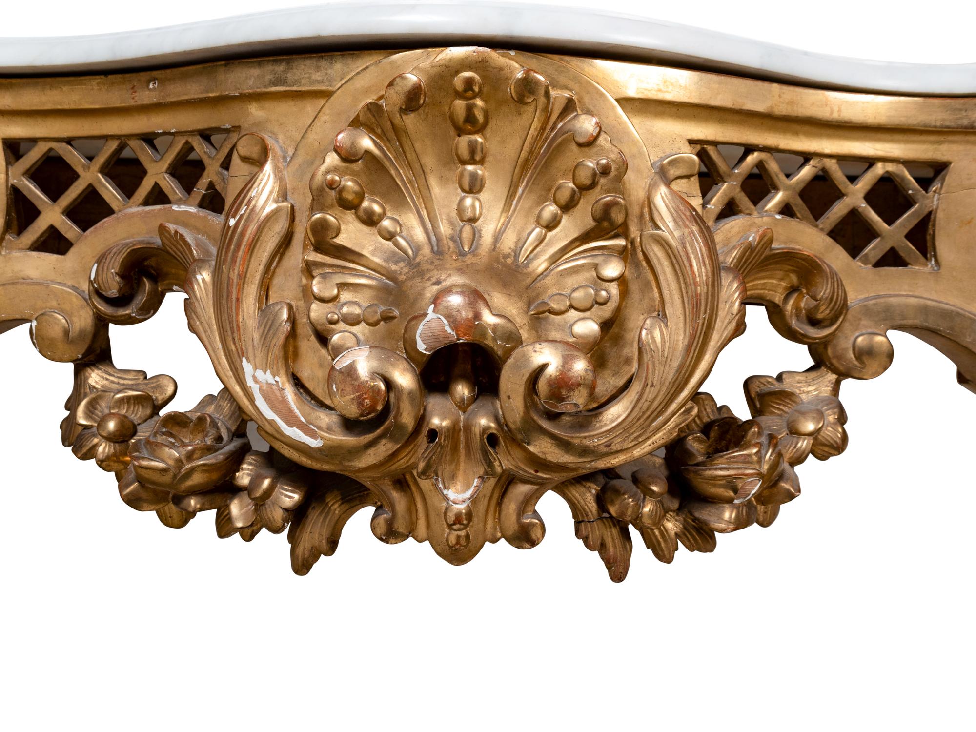 A Pair of Louis XV Style Giltwood Marble Top Wall-Mounted Console Tables