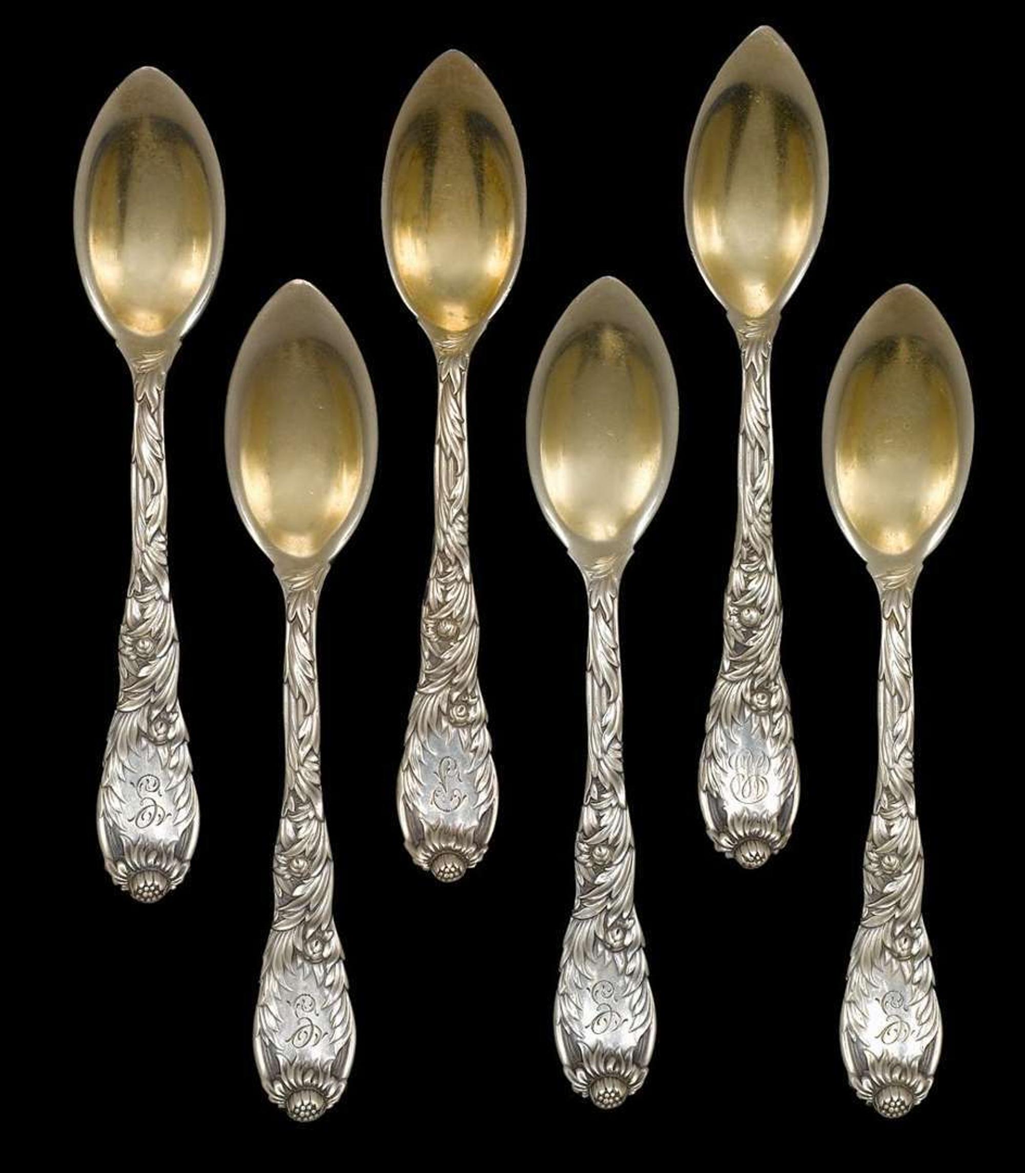 Set of six sterling silver "Chrysanthemum" pattern grapefruit spoons tiffany and co., new york, ny, circa 1880