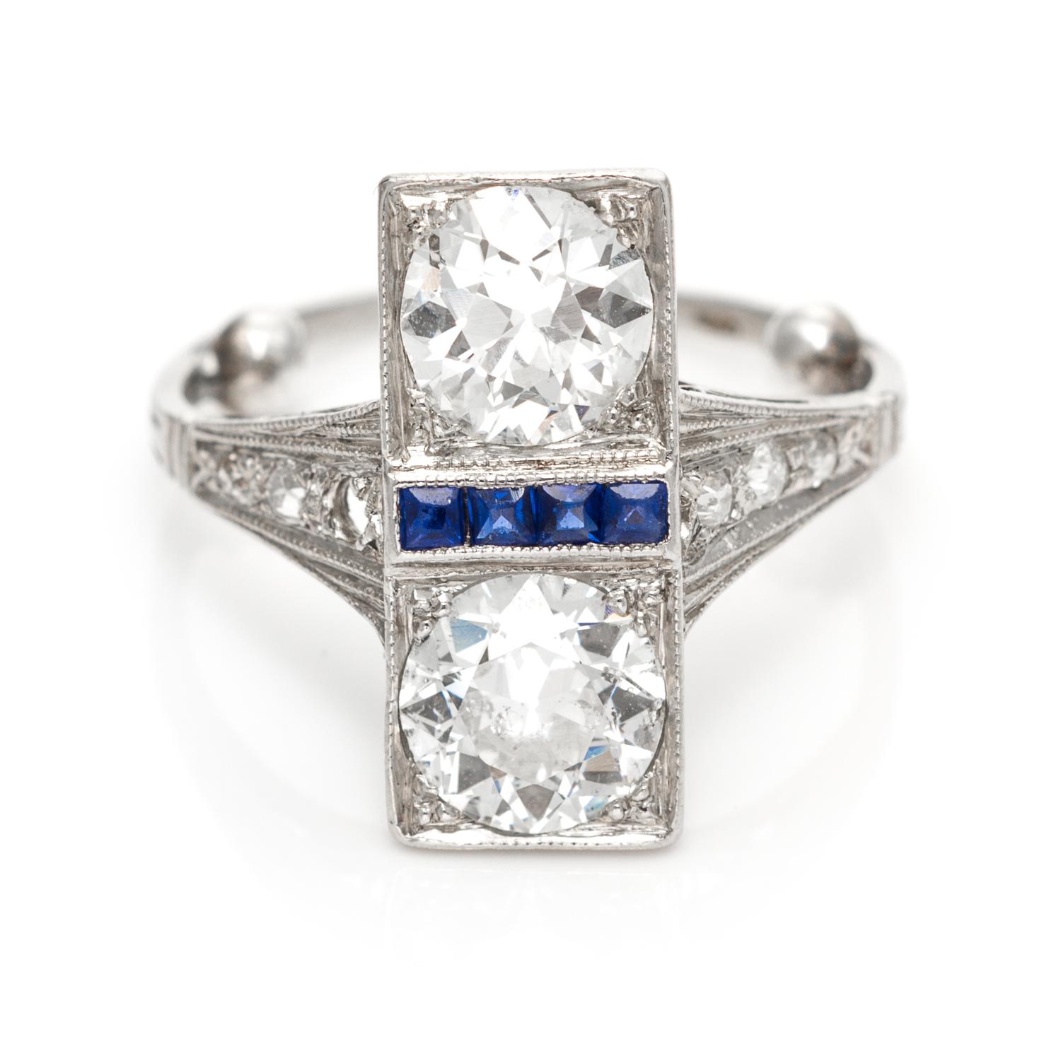 An Art Deco Platinum, Diamond and Sapphire Ring, 2.00 dwts.