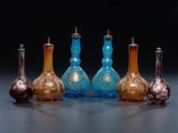 Six Enameled and Gilt Glass Barber Bottles