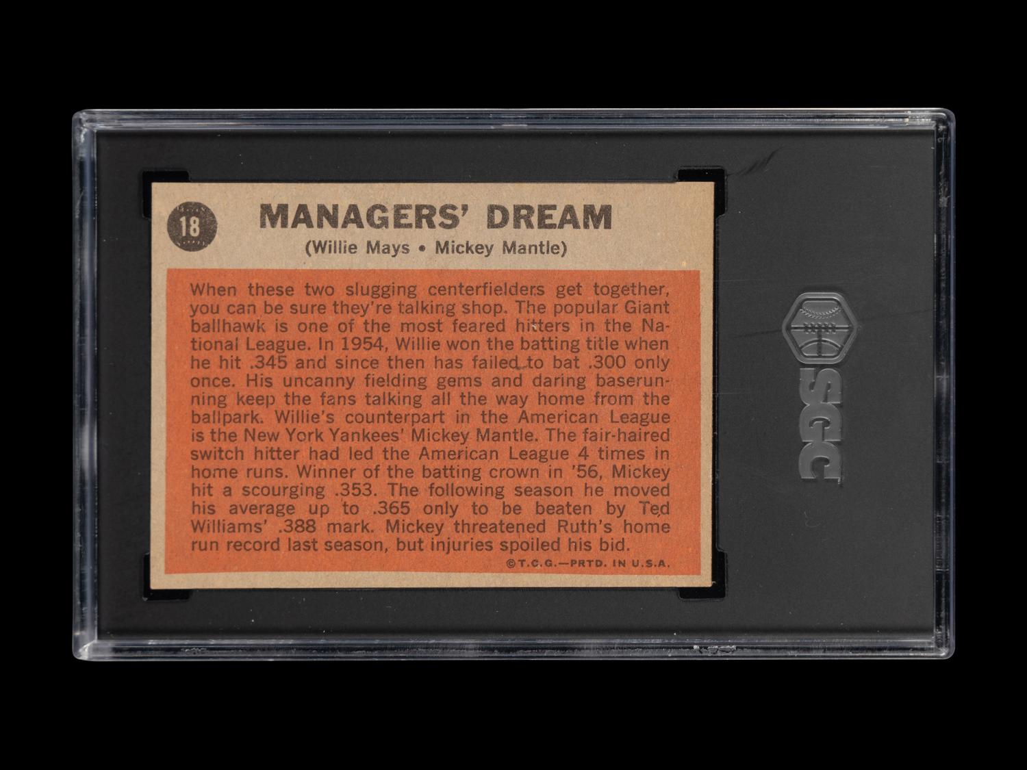 A 1962 Topps Mickey Mantle and Willie Mays Managers' Dream Baseball Card No. 18 (SGC 7 NM)