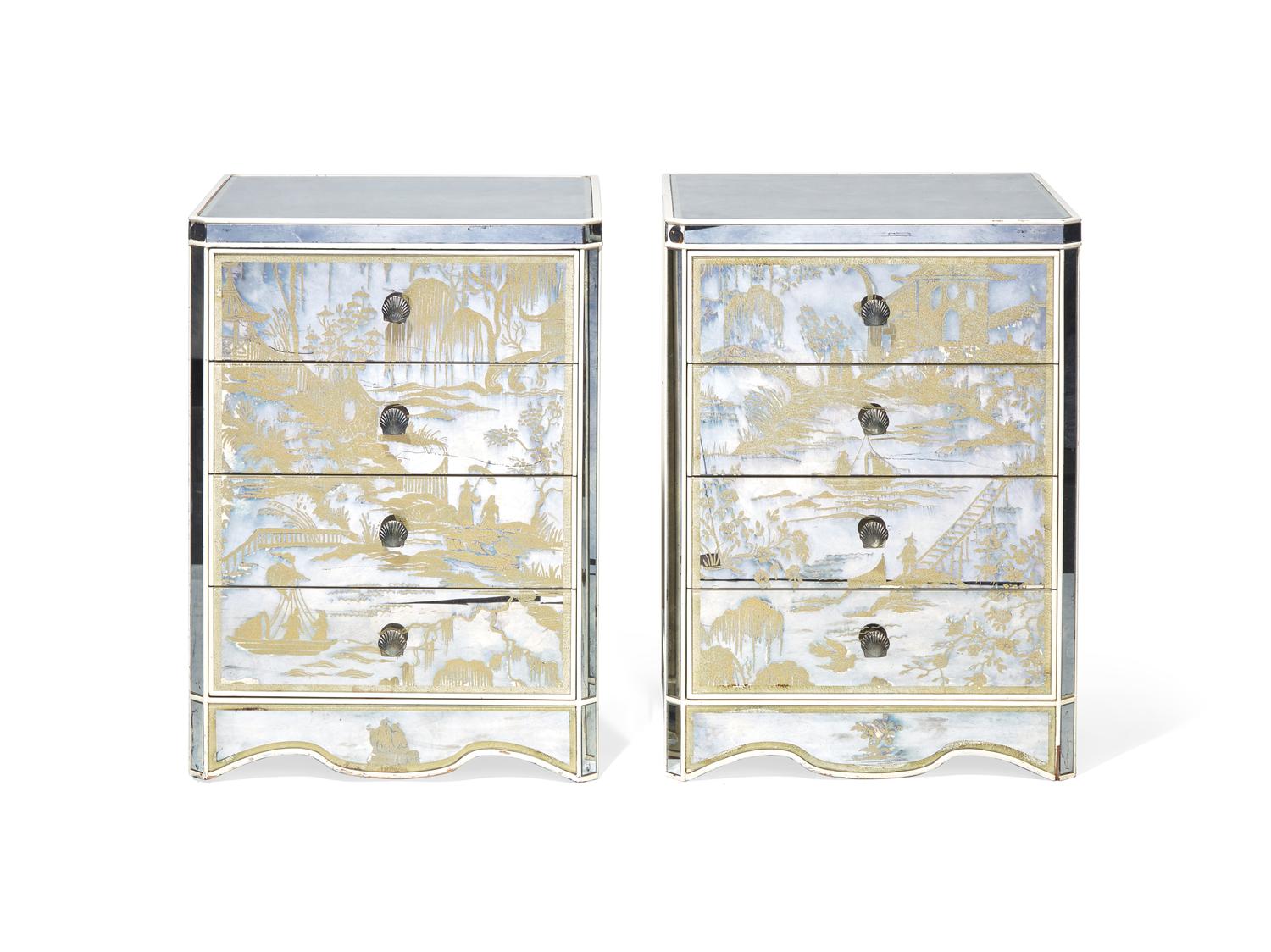 A Pair of Japonisme Gilt Decorated Mirrored Chests of Drawers
