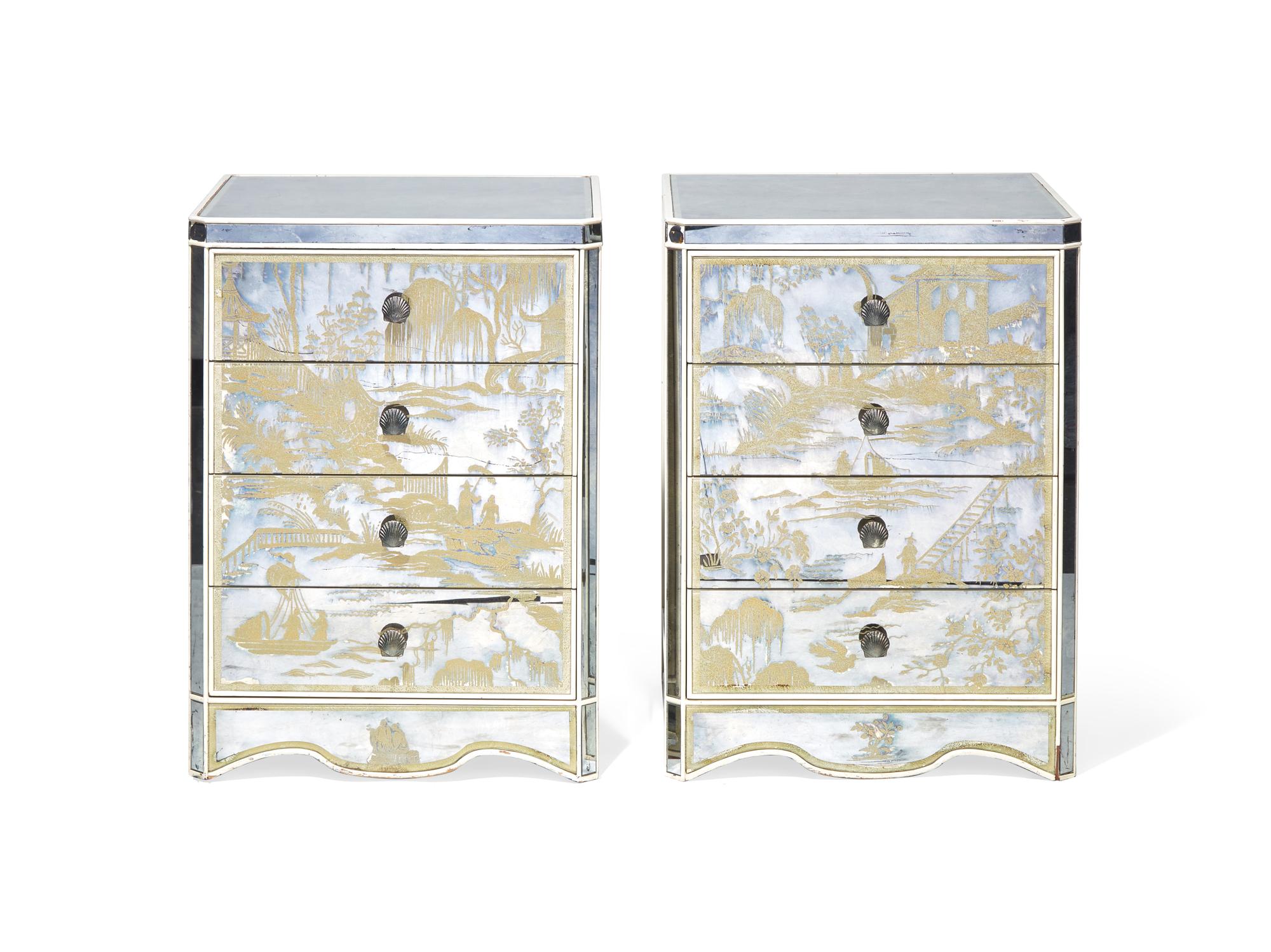 A Pair of Japonisme Gilt Decorated Mirrored Chests of Drawers