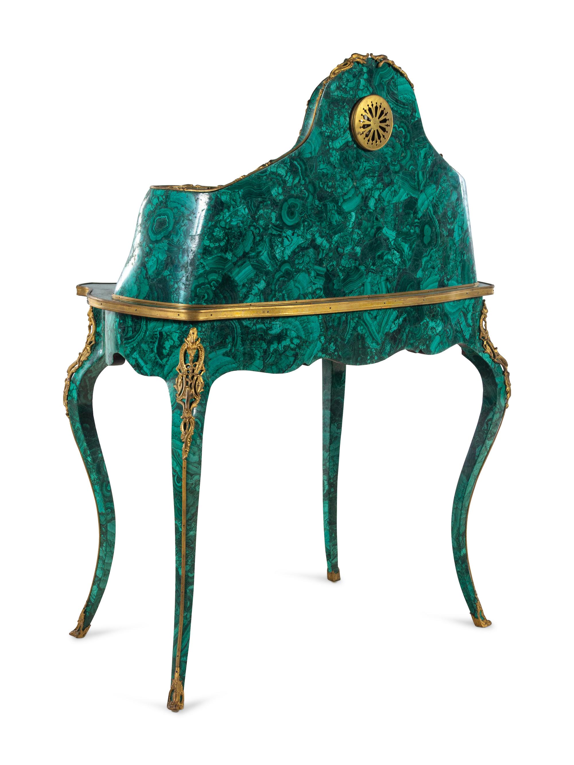 A Louis XV Style Gilt Bronze Mounted Malachite Bureau de Dame