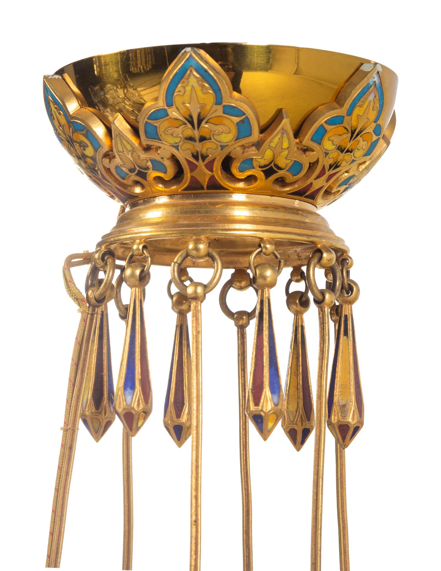 A Bohemian Champlevé Enamel, Gilt Bronze and Ruby Glass Six-Light Chandelier