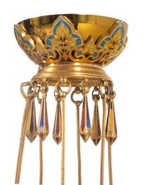 A Bohemian Champlevé Enamel, Gilt Bronze and Ruby Glass Six-Light Chandelier