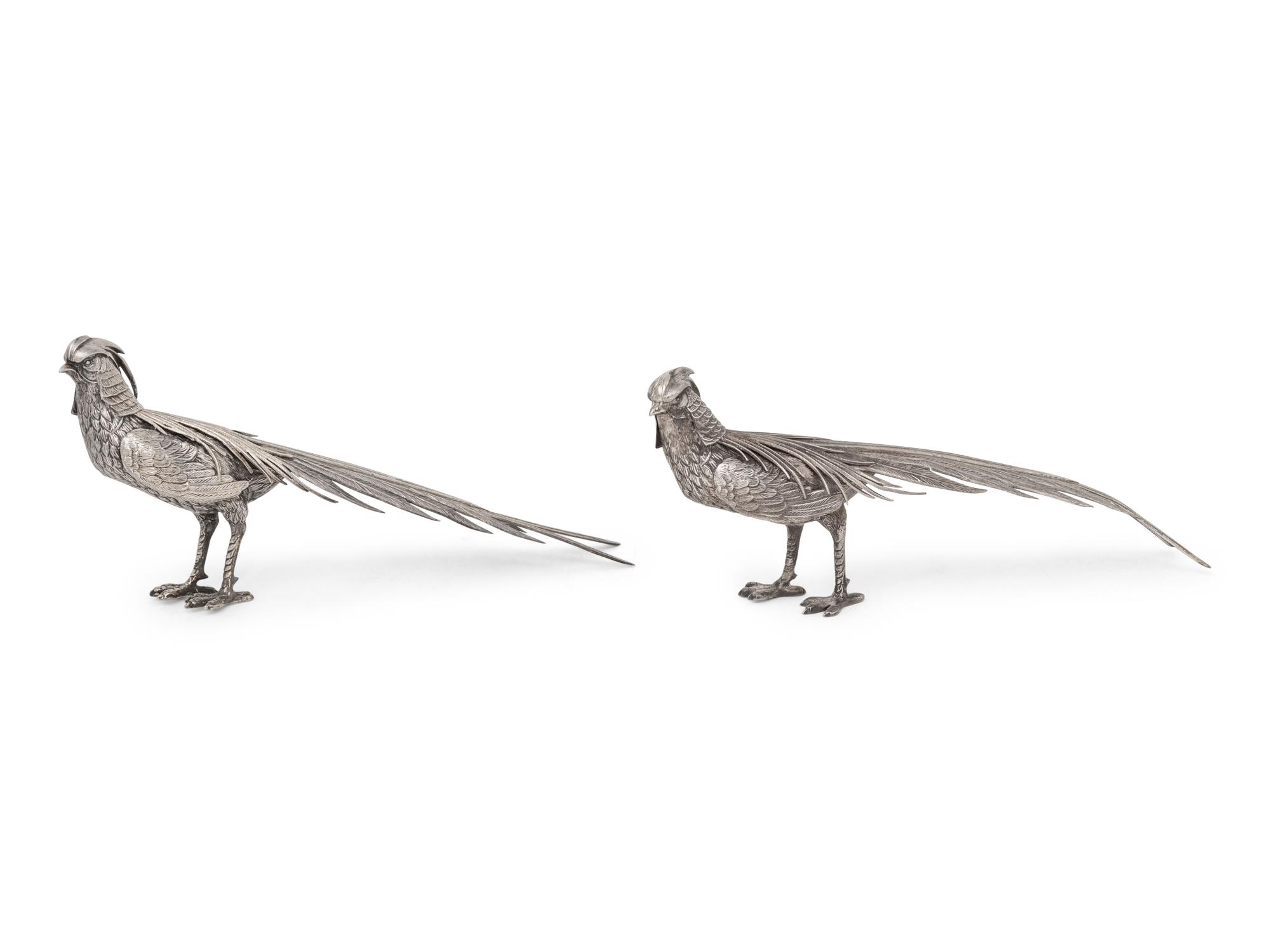A Pair of Spanish Silver Pheasant Table Ornaments