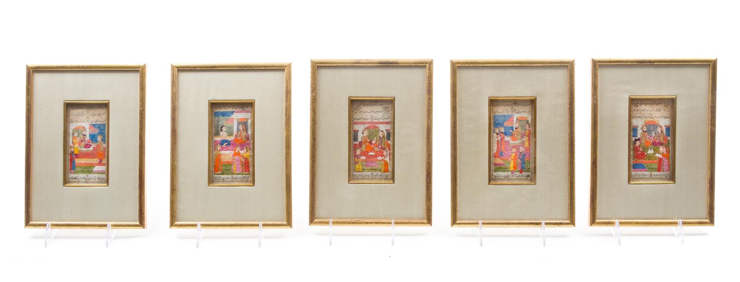 Five Middle Eastern Illuminated Manuscript Leaves, Height 4 1/8 x width 2 1/2 inches.