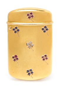 An American 14 Karat Gold and Jeweled Vesta Case, , the case worked with clover motifs decorated having diamond, ruby and sapphire leav