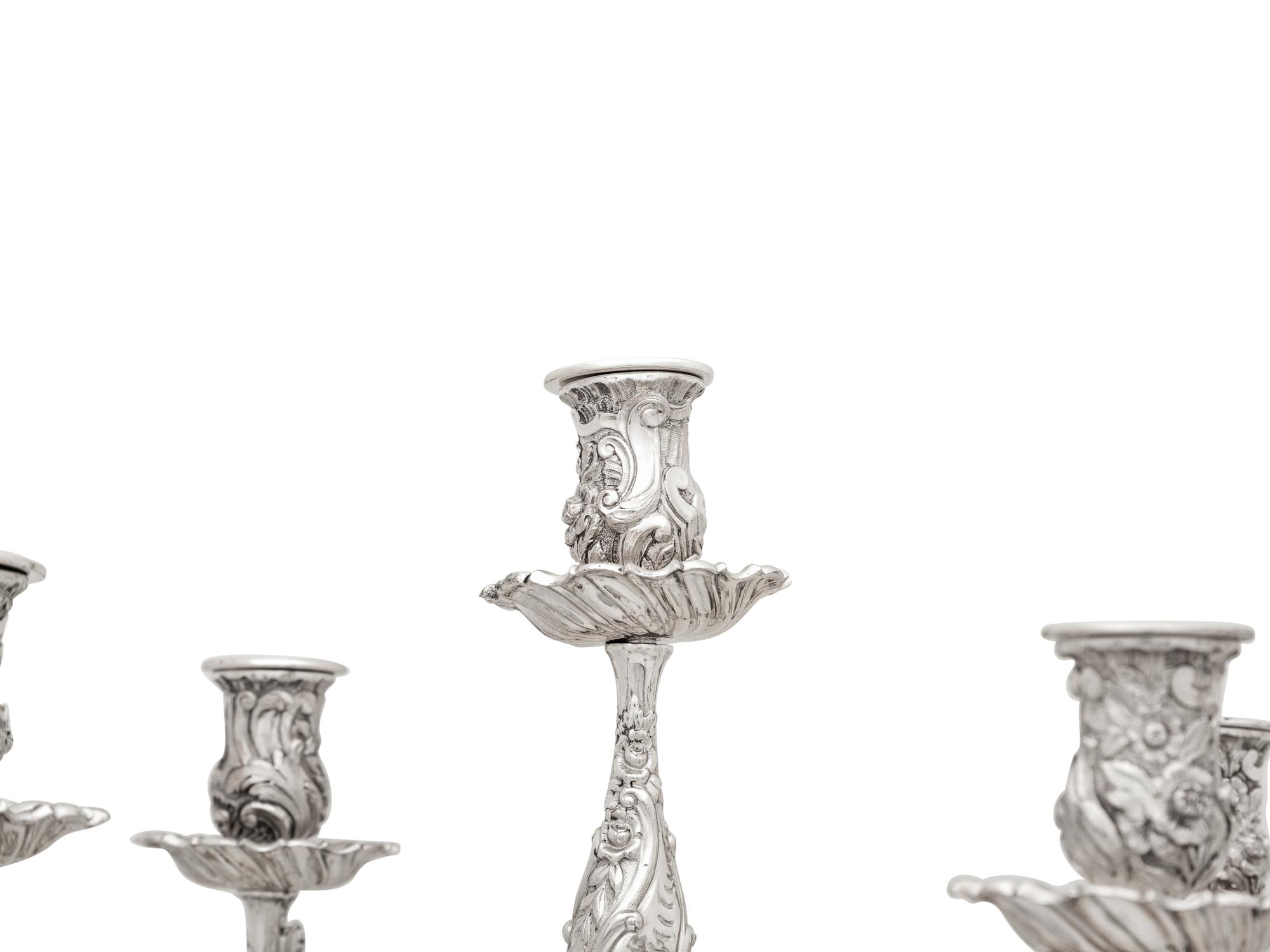 A Pair of Tiffany and Co. Silver Five-Light Candelabra