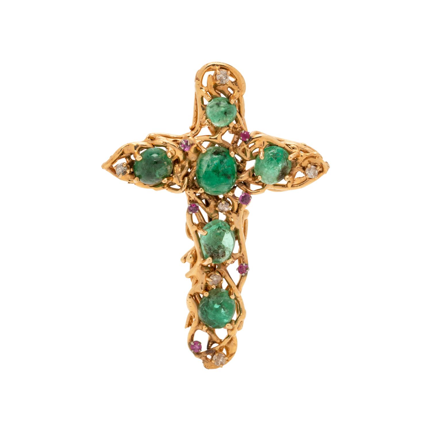 YELLOW GOLD, EMERALD, DIAMOND AND PINK SAPPHIRE CROSS PENDANT