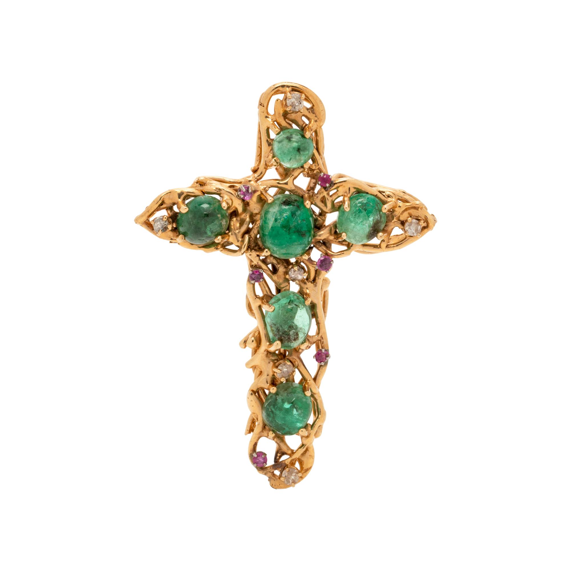 YELLOW GOLD, EMERALD, DIAMOND AND PINK SAPPHIRE CROSS PENDANT