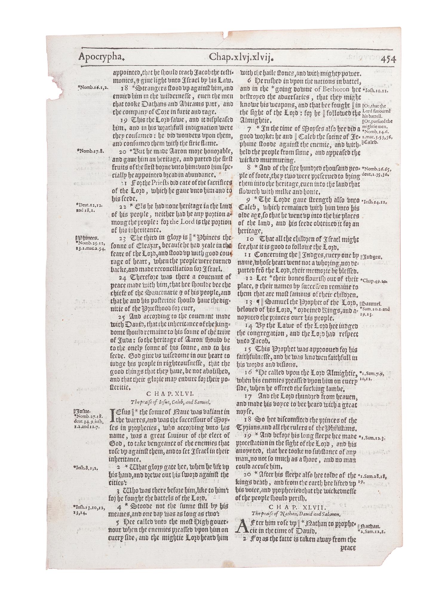 [BIBLE LEAVES - ENGLISH - 16TH AND 17TH CENTURIES]. A group of 8 Bible leaves in English, comprising: