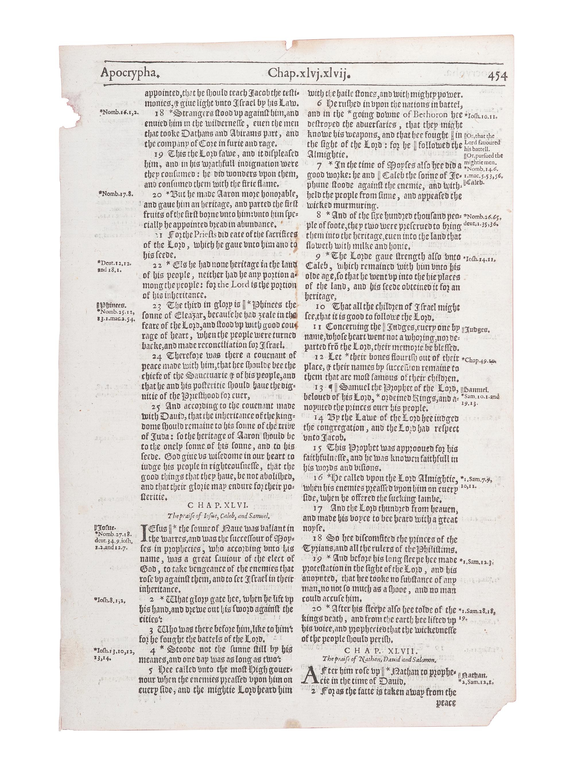 [BIBLE LEAVES - ENGLISH - 16TH AND 17TH CENTURIES]. A group of 8 Bible leaves in English, comprising: