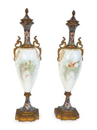 A Pair of Sevres Porcelain and Champleve Gilt Bronze Mounted Vases — 19TH CENTURY