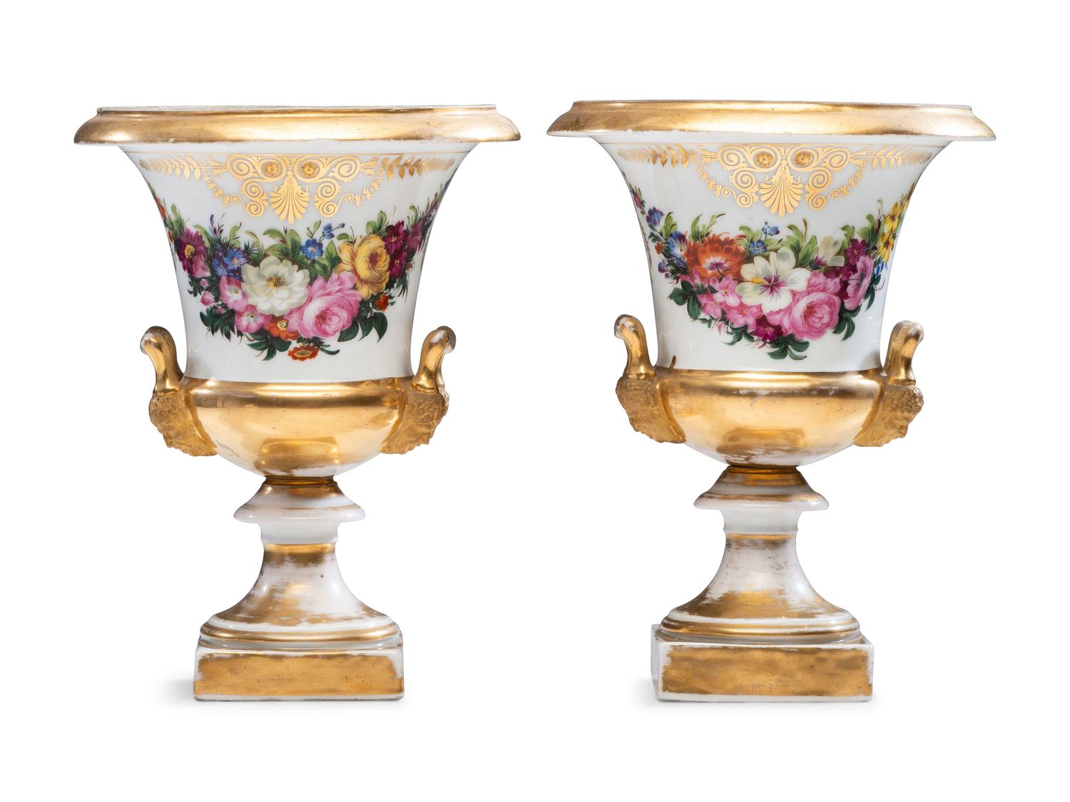 A Pair of Parcel Gilt and Polychrome Decorated Porcelain Vases