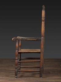 A William and Mary Style Parcel Gilt and Red Painted, Fan-Carved Bannister Back Woven Splint Seat Armchair