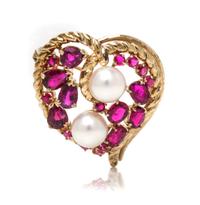 RUBY AND CULTURED PEARL HEART BROOCH