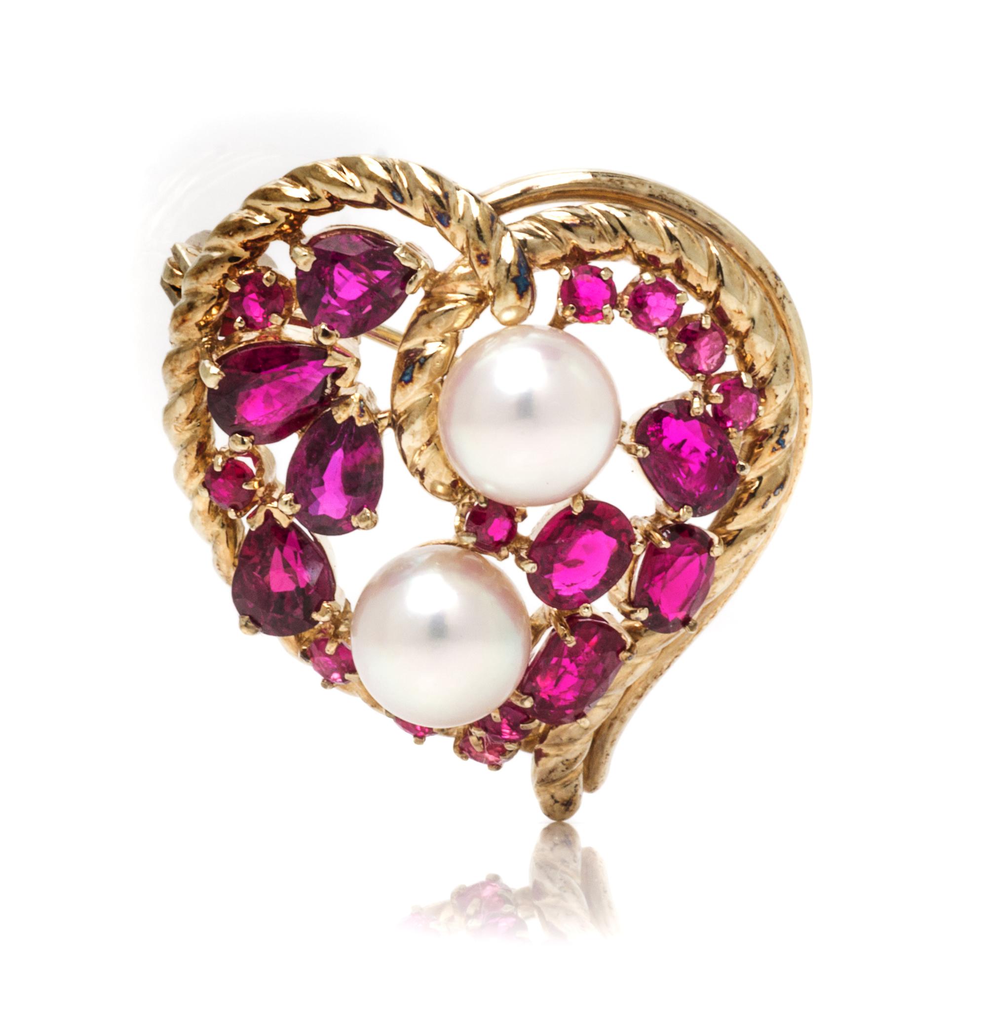 RUBY AND CULTURED PEARL HEART BROOCH