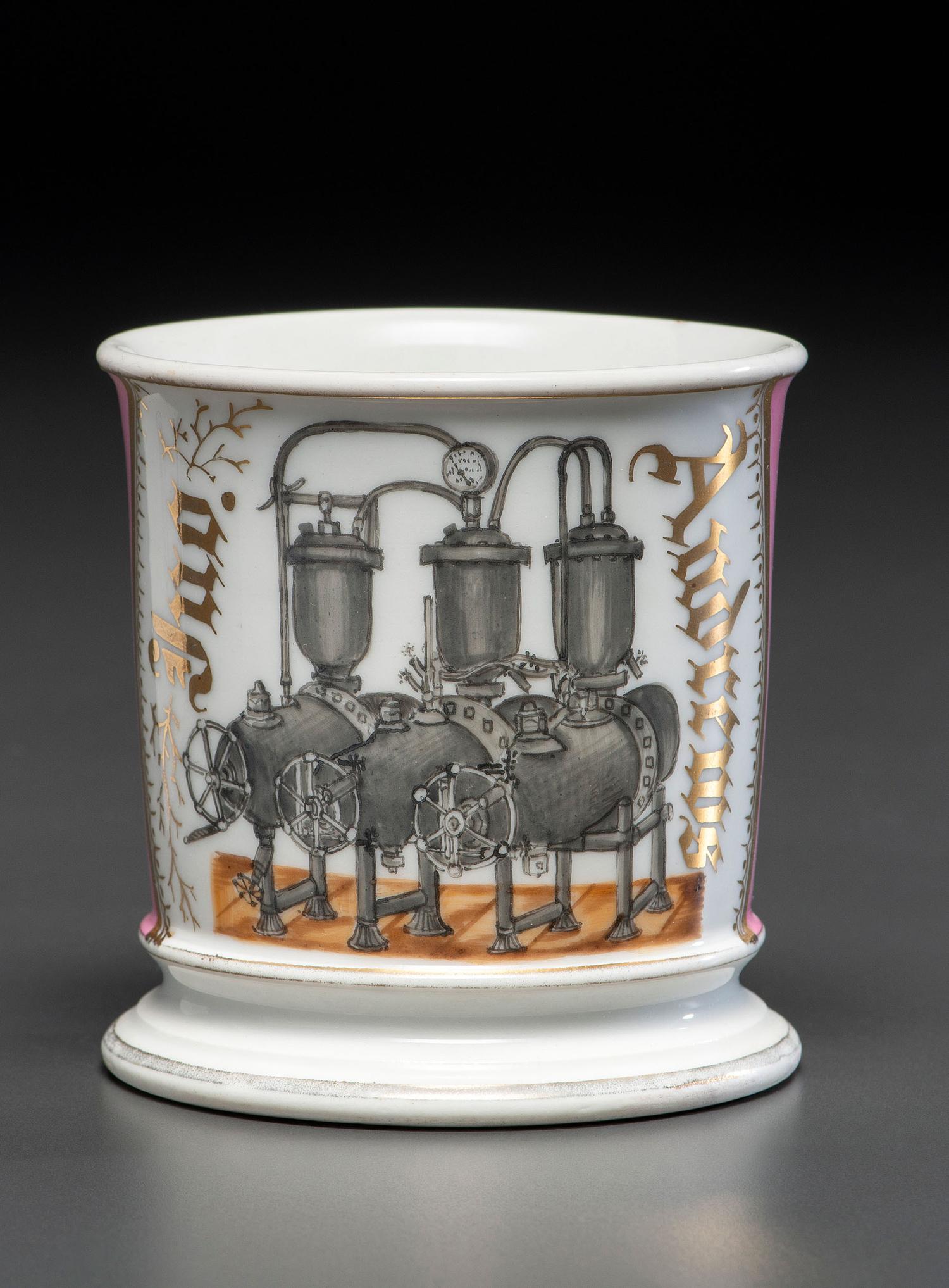 A Porcelain Shaving Mug Depicting A Steam Pump
