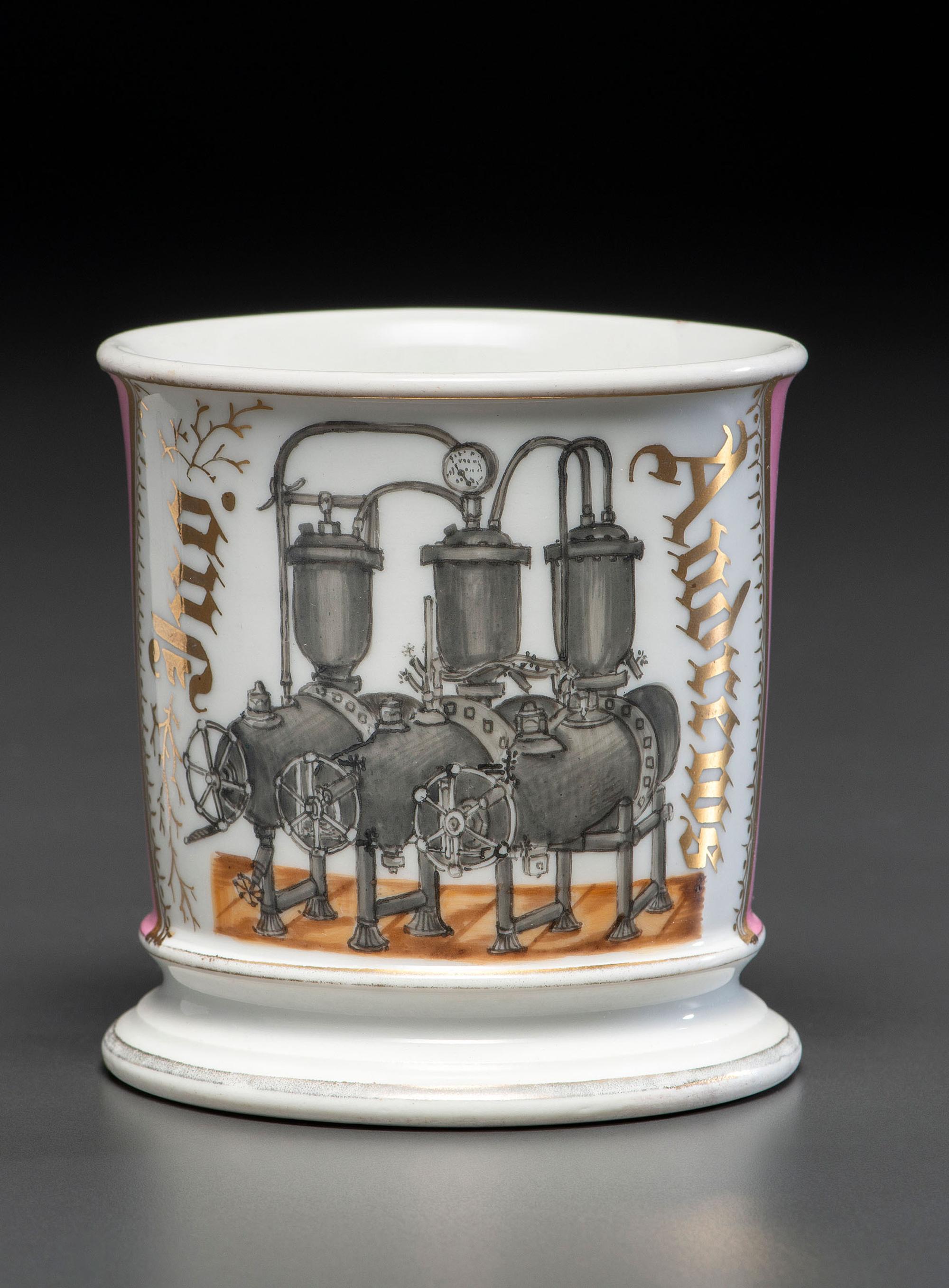 A Porcelain Shaving Mug Depicting A Steam Pump