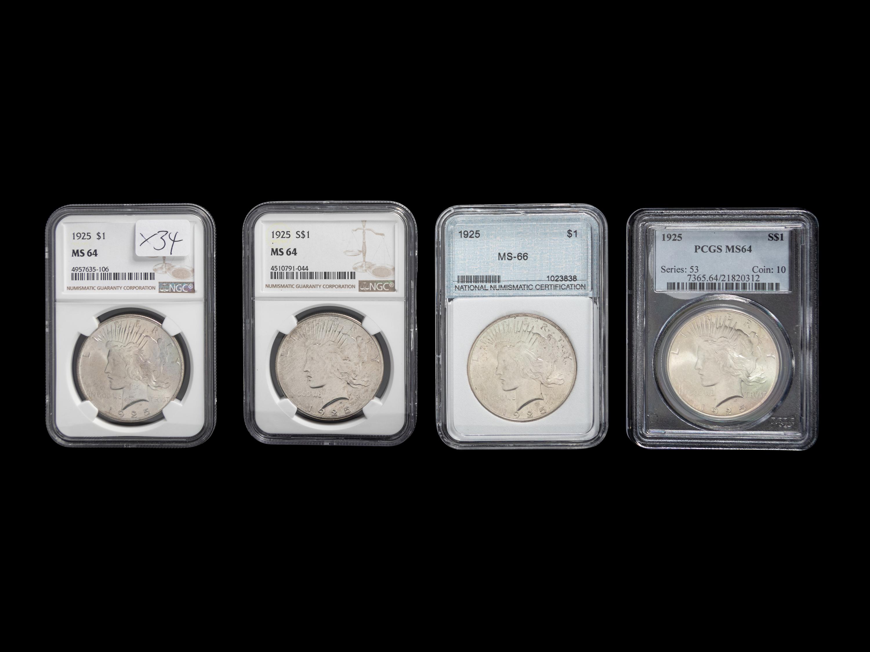 Four 1925 Peace $1 Coins