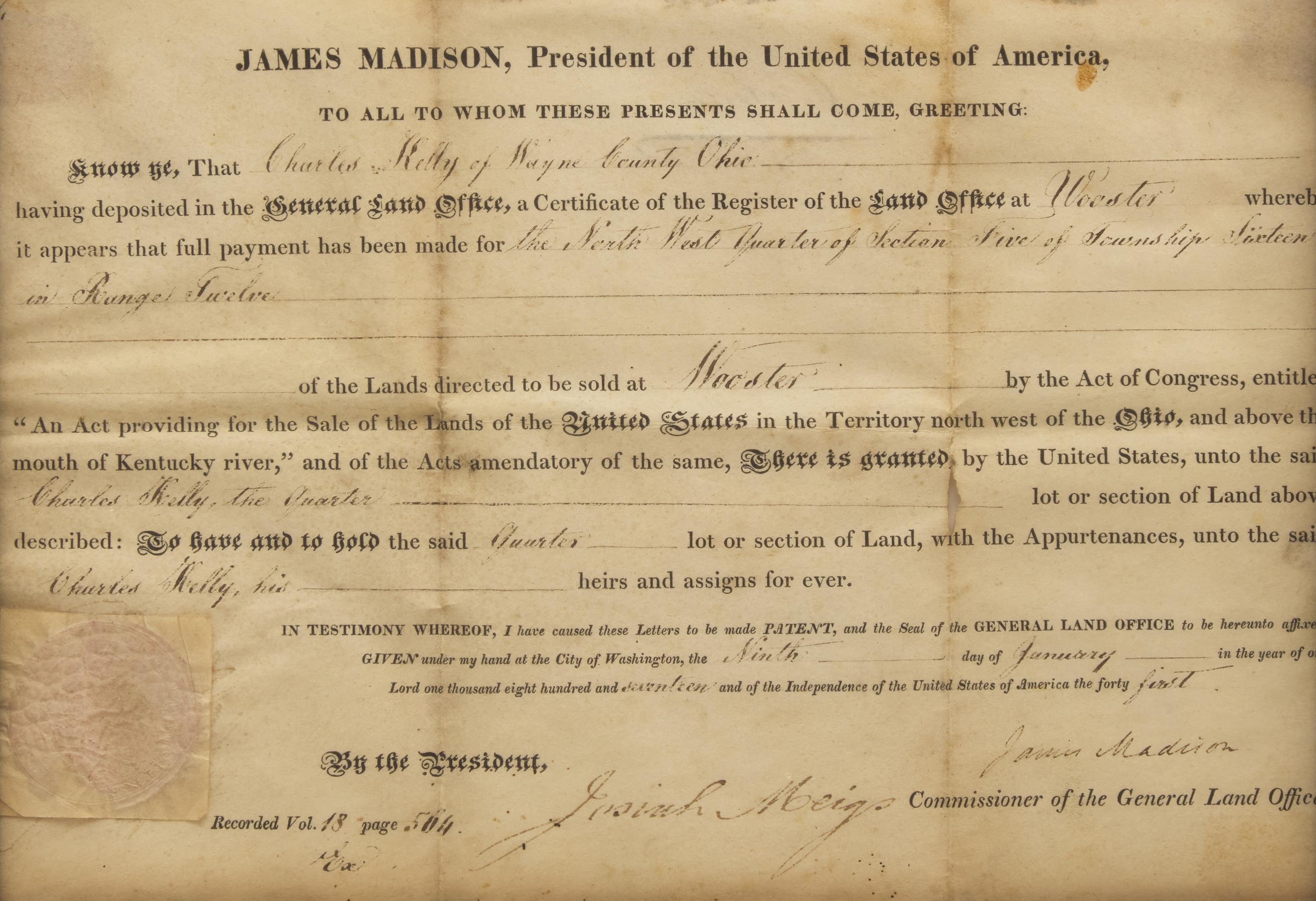 [Presidential] Madison, James. Partially-Printed Document, signed