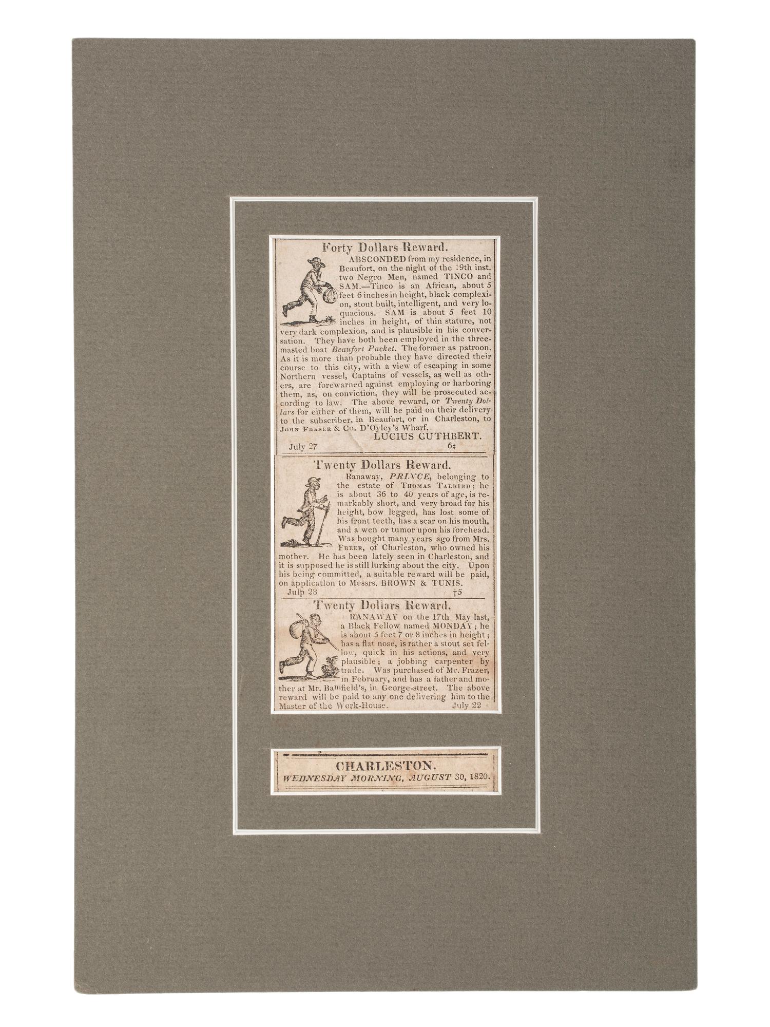 [SLAVERY & ABOLITION]. Three clipped illustrated fugitive slave ads. Charleston: N.p., 1820.