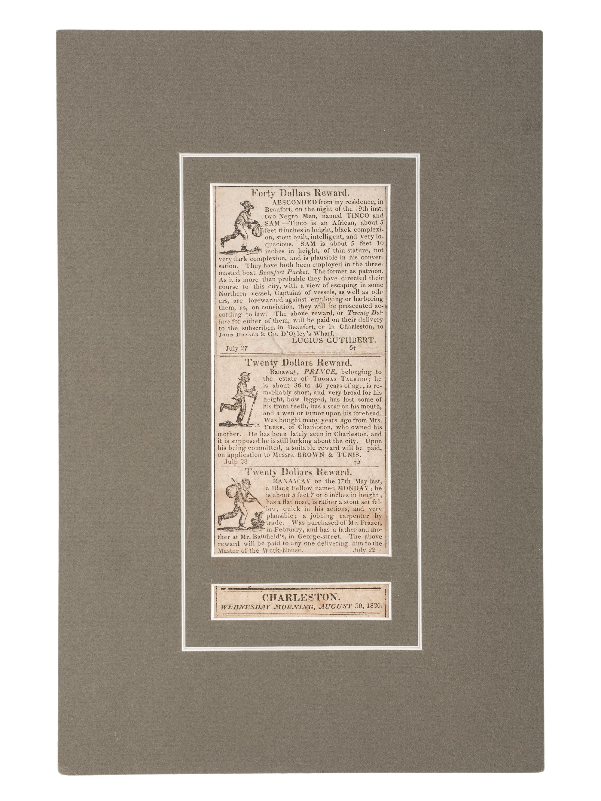 [SLAVERY & ABOLITION]. Three clipped illustrated fugitive slave ads. Charleston: N.p., 1820.