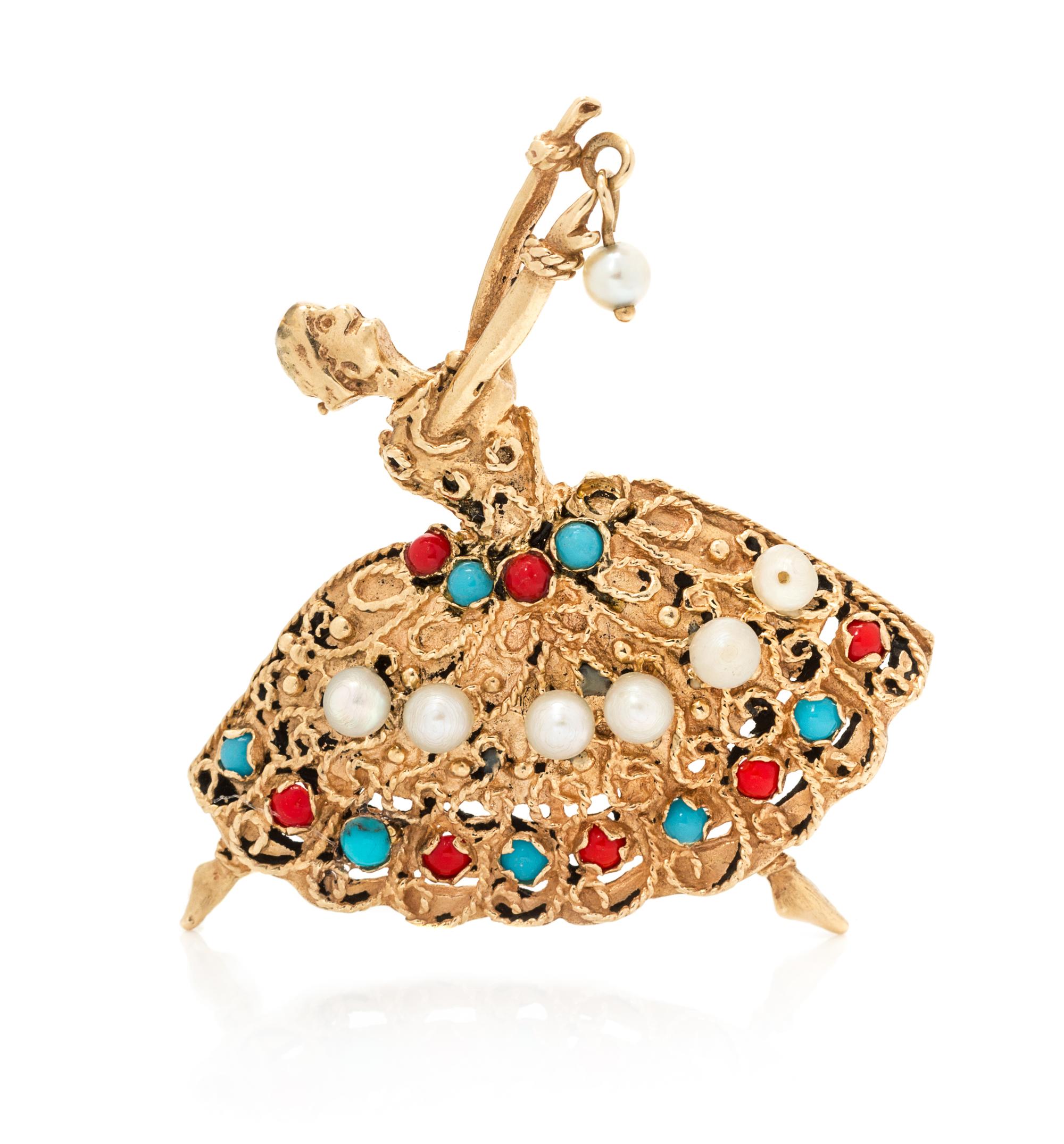 A 14 Karat Yellow Gold, Cultured Pearl and Multi and Ballerina Pendant, 5.00 dwts.