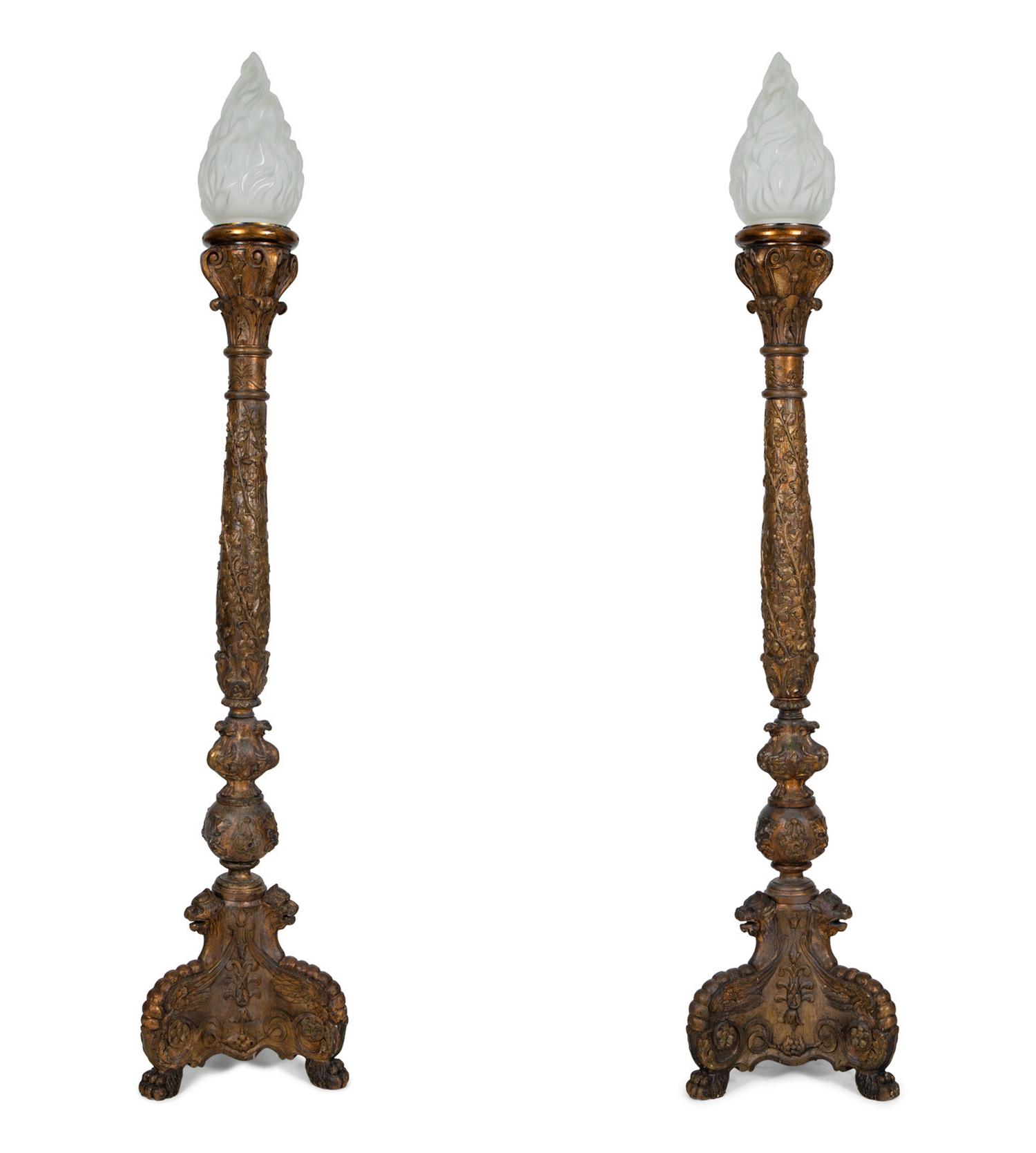 A Pair of Italian Baroque Style Giltwood Torchères with Frosted Glass Flame-Form Shades