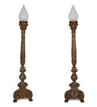 A Pair of Italian Baroque Style Giltwood Torchères with Frosted Glass Flame-Form Shades