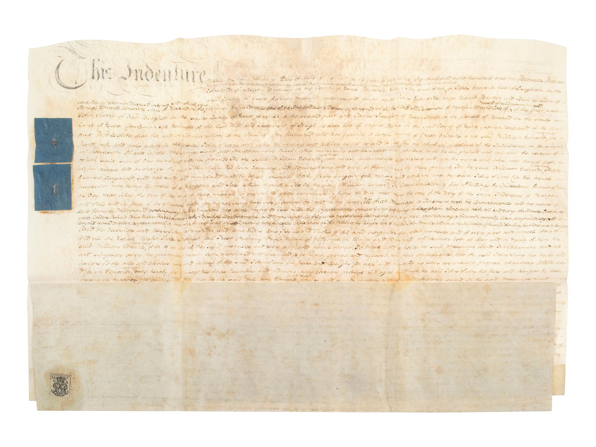 [BRITISH COLONIAL IMPRINTS]. A group of imprints, indentures, and other documents.