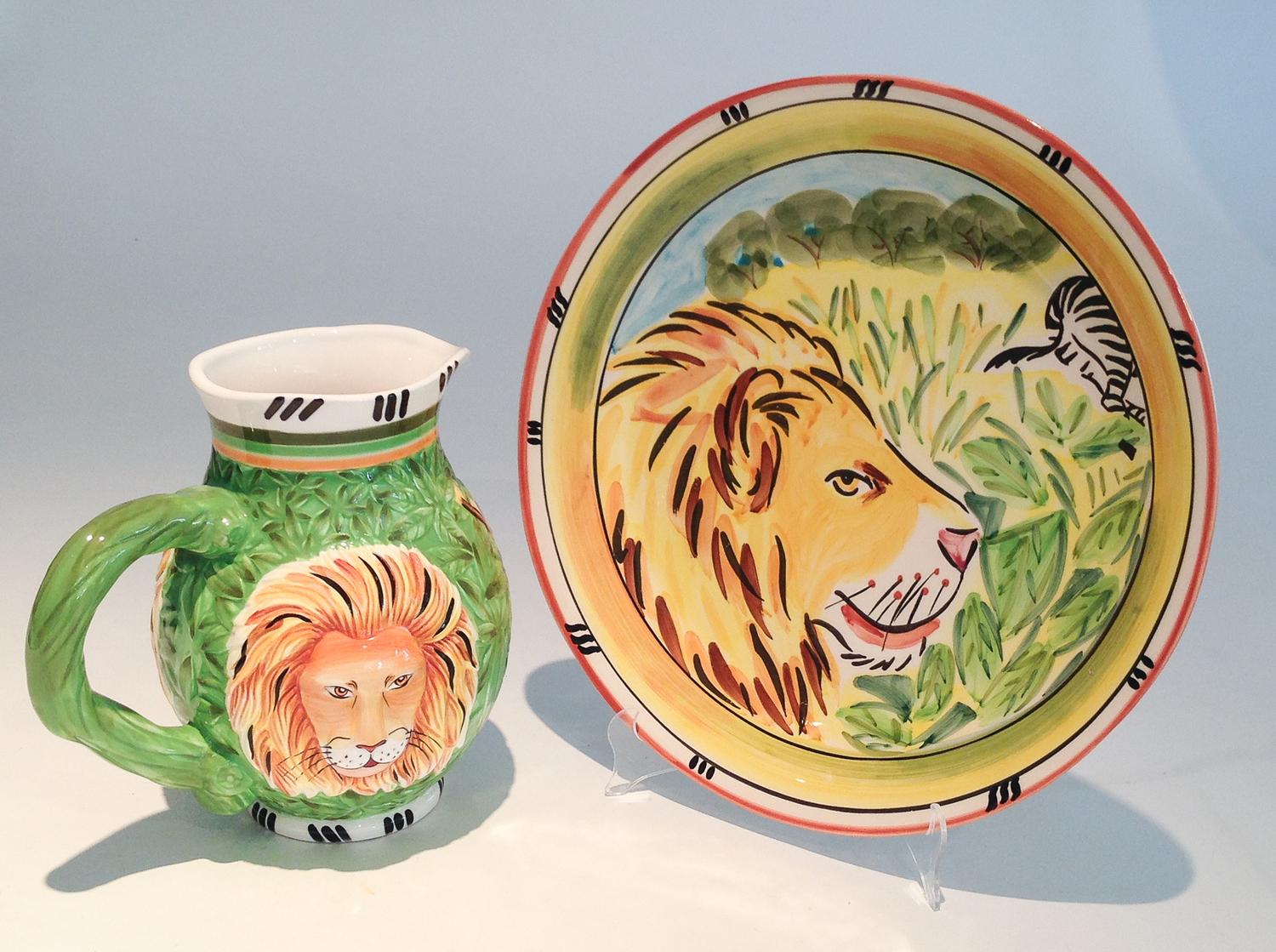 Two Handpainted Jungle Spree Pattern Ceramicware Height of jug 10 inches.