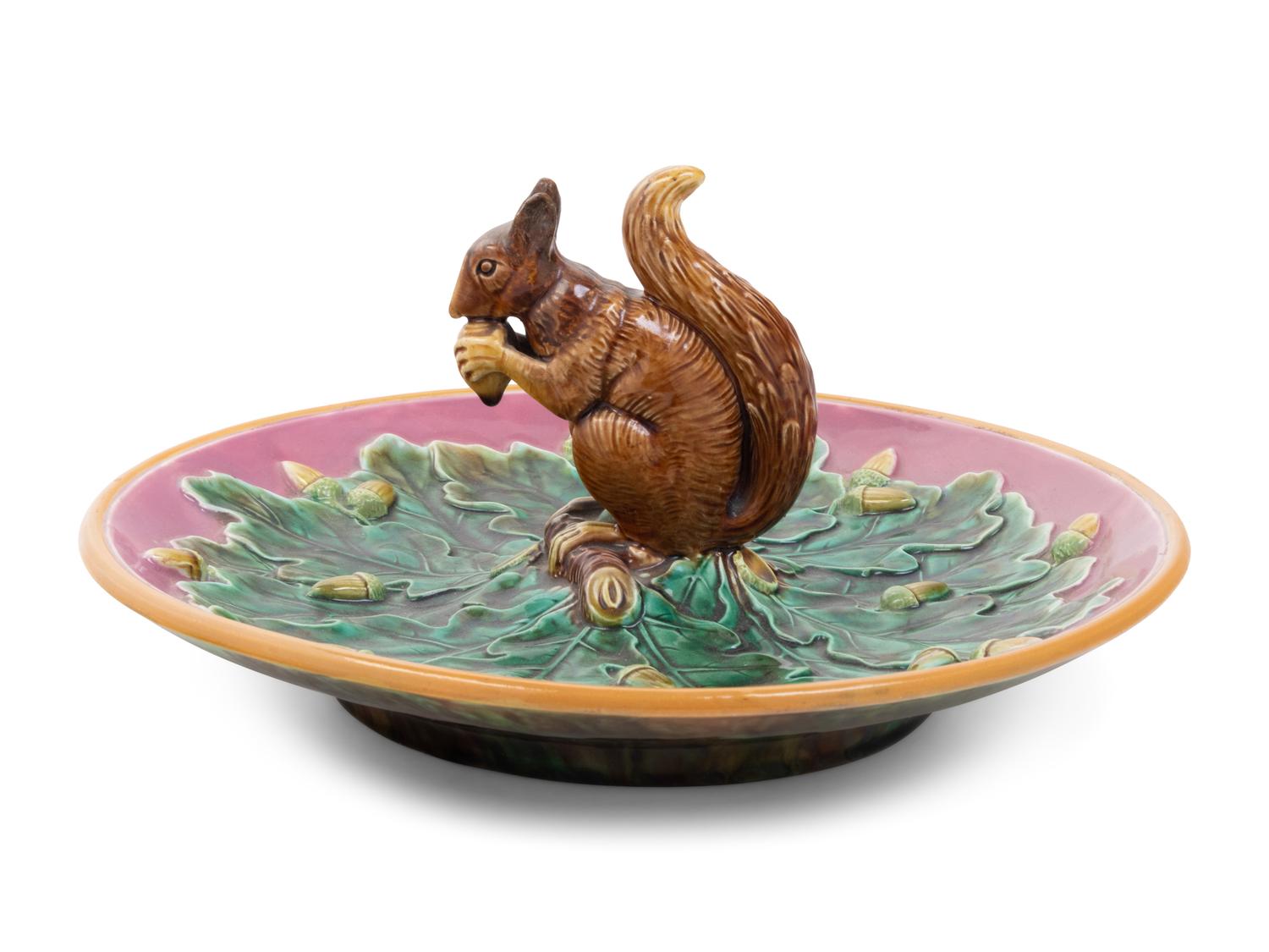 A Minton Majolica Squirrel Nut Dish