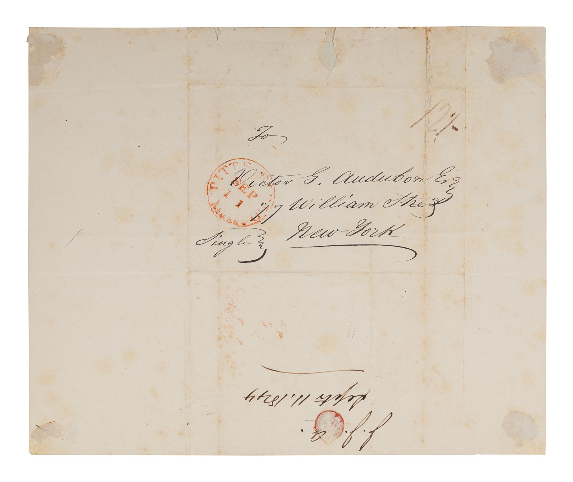 AUDUBON, John James (1785-1851). Autograph letter signed ("John J. Audubon") to his son Victor. Pittsfield, [MA], 11 September 1844. One page, 4to (234 x 194 mm), with integral leaf addressed in holograph. Some minor pale spotting, remnants of previous mounting at corners on verso, mailing folds.