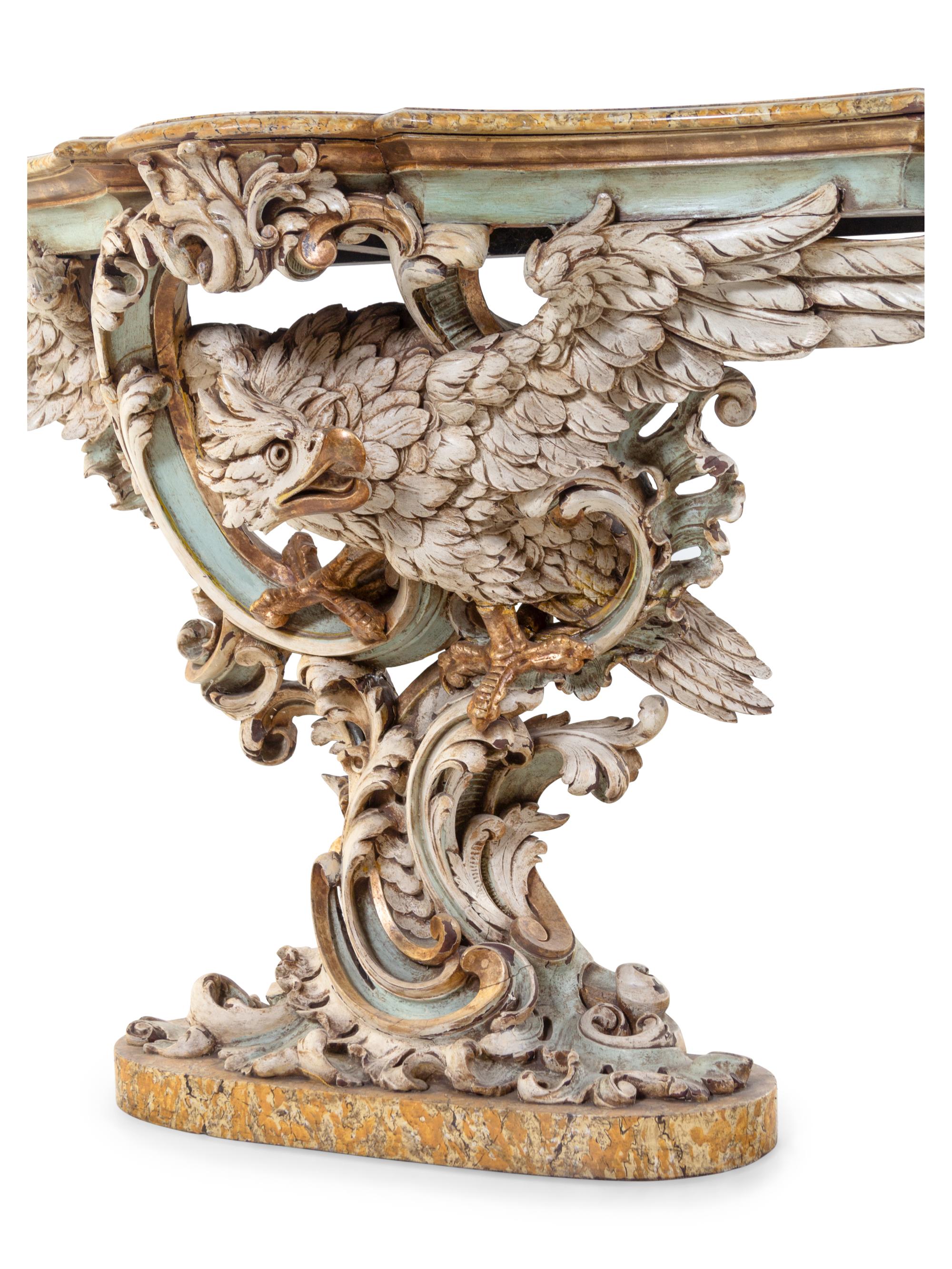 A Pair of George III Style Painted and Parcel Gilt Pier Tables with Faux Marble Tops